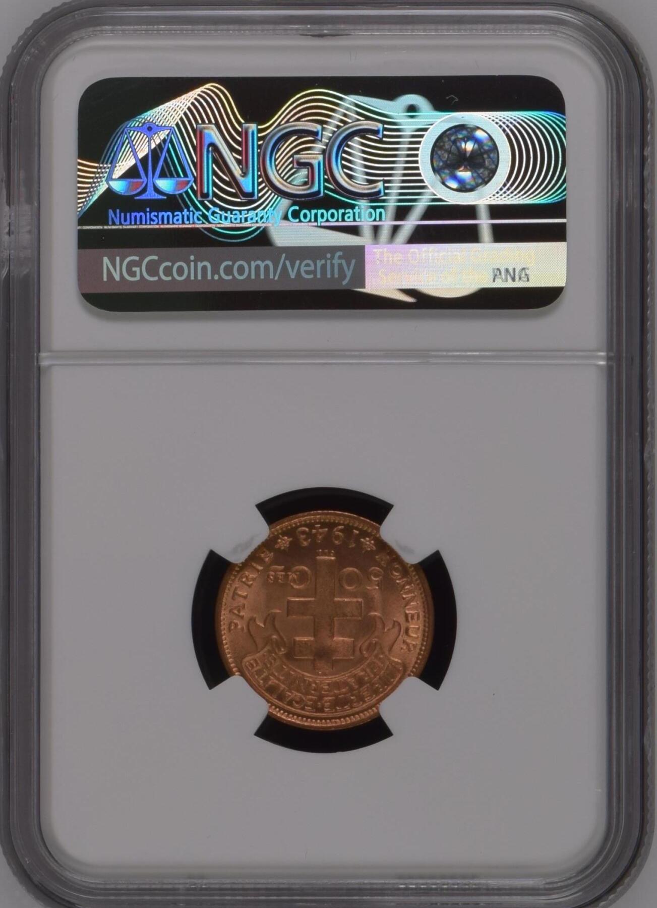 长老汇龙年精选第九场拍卖 1943SA 喀麦隆雄鸡50分铜币，NGC MS66RD，唯三冠军分，加字“自由”，非常漂亮！