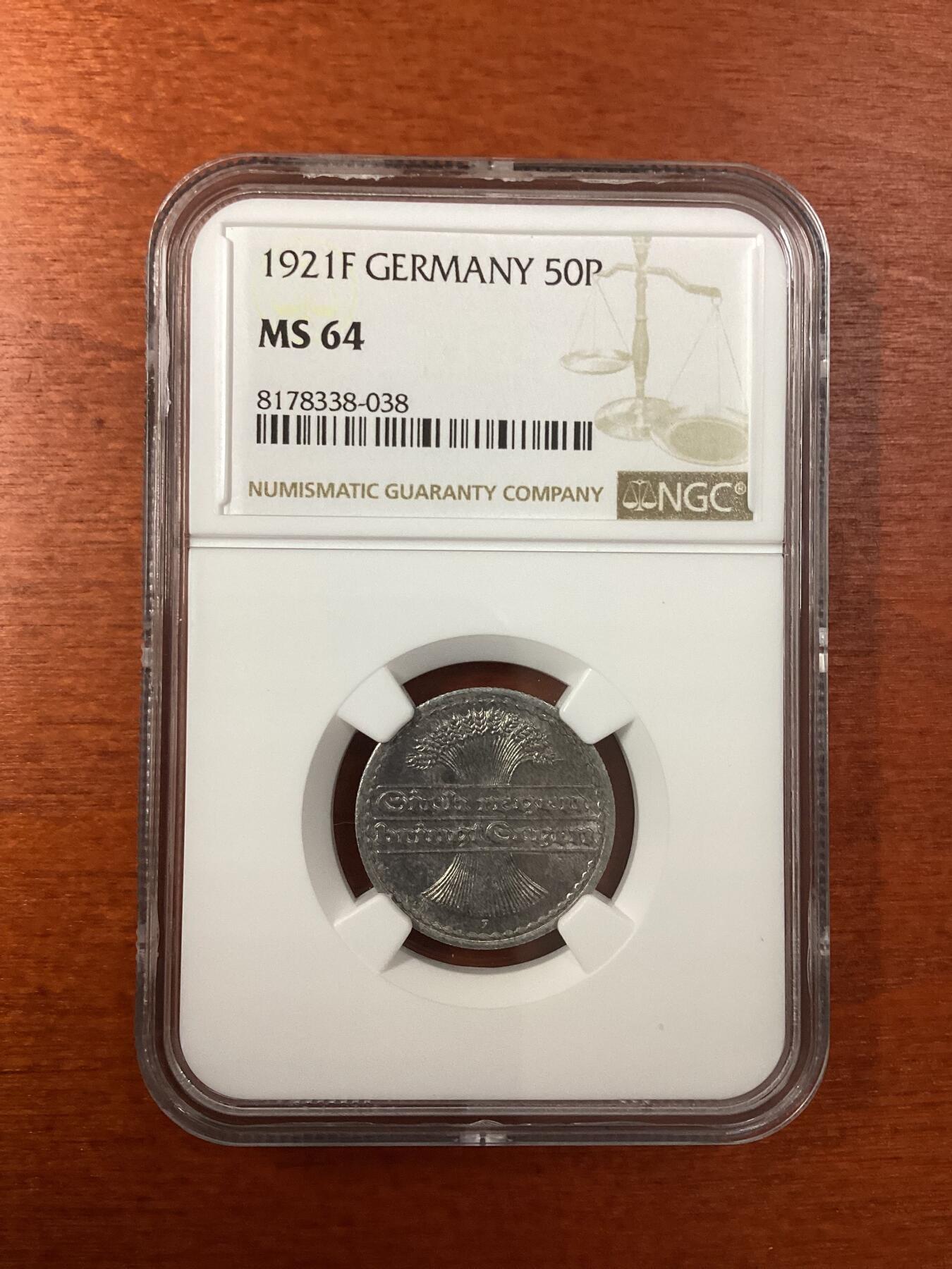 长老汇龙年精选第九场拍卖 1921F 德国魏玛共和国 50芬尼铝币，NGC MS64，亚军分，更高1枚