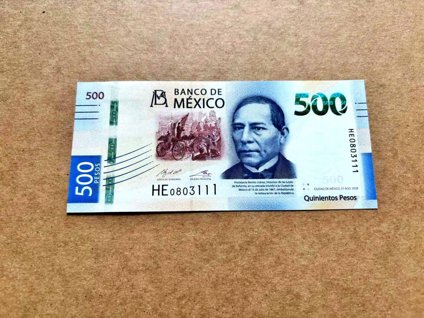 【Blue Auction】✨世界纸币精拍第506期【精】 【111豹子号无47】墨西哥 500比索 全新UNC