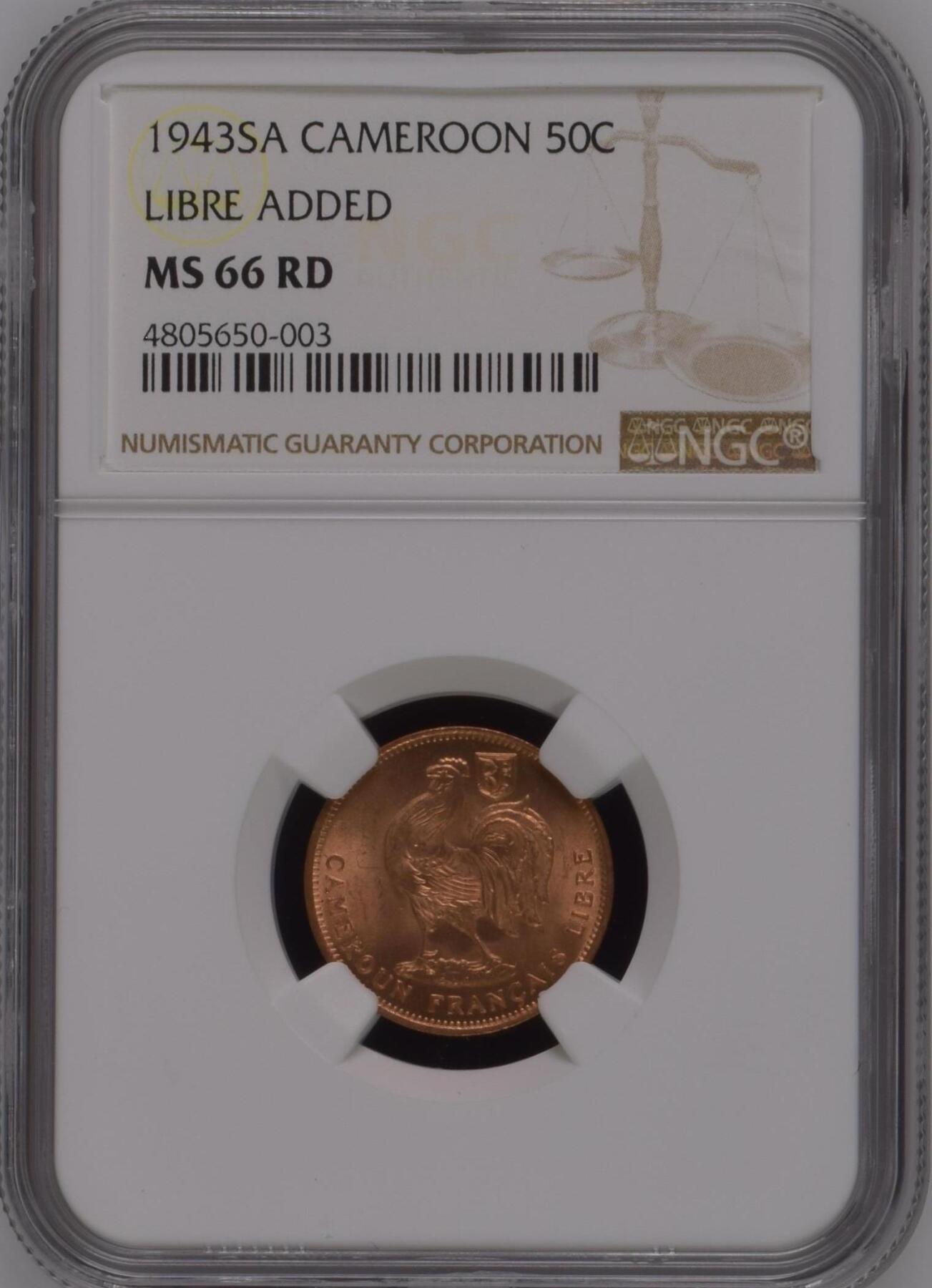 长老汇龙年精选第九场拍卖 1943SA 喀麦隆雄鸡50分铜币，NGC MS66RD，唯三冠军分，加字“自由”，非常漂亮！