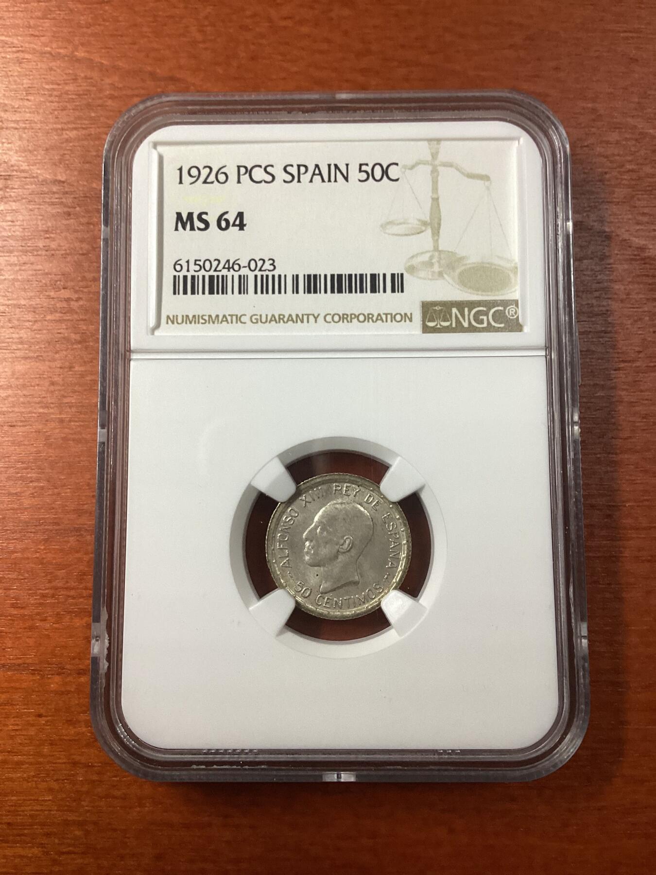 长老汇龙年精选第九场拍卖 1926 PCS  西班牙阿方索十三世50分银币，NGC MS64