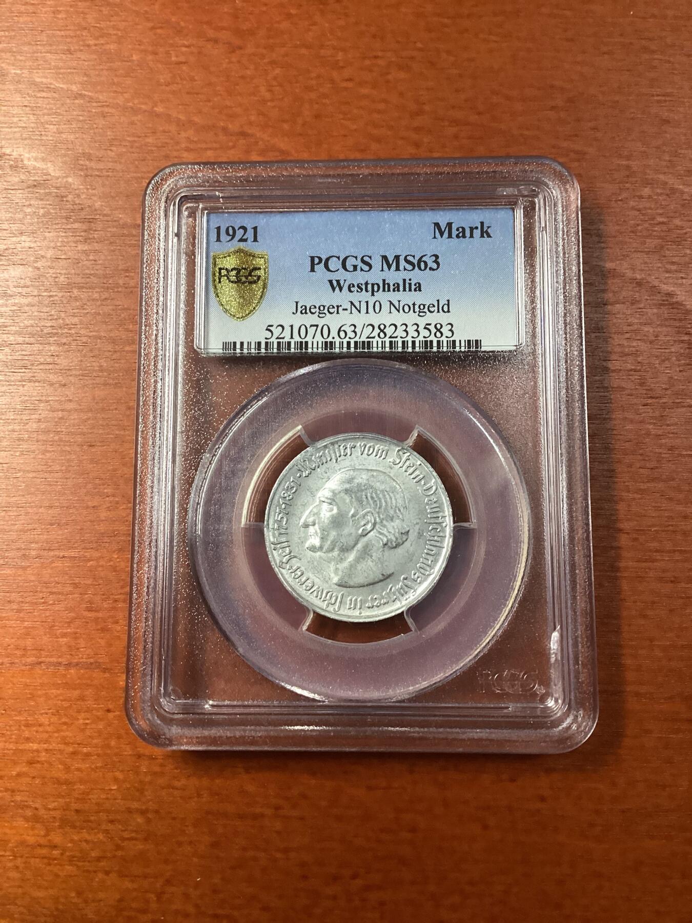 长老汇龙年精选第九场拍卖 1921德国威斯特法兰德紧斯坦伯爵马币1马克，PCGS MS63，季军分，更高12枚，eBay2020年62分成交价2800多元