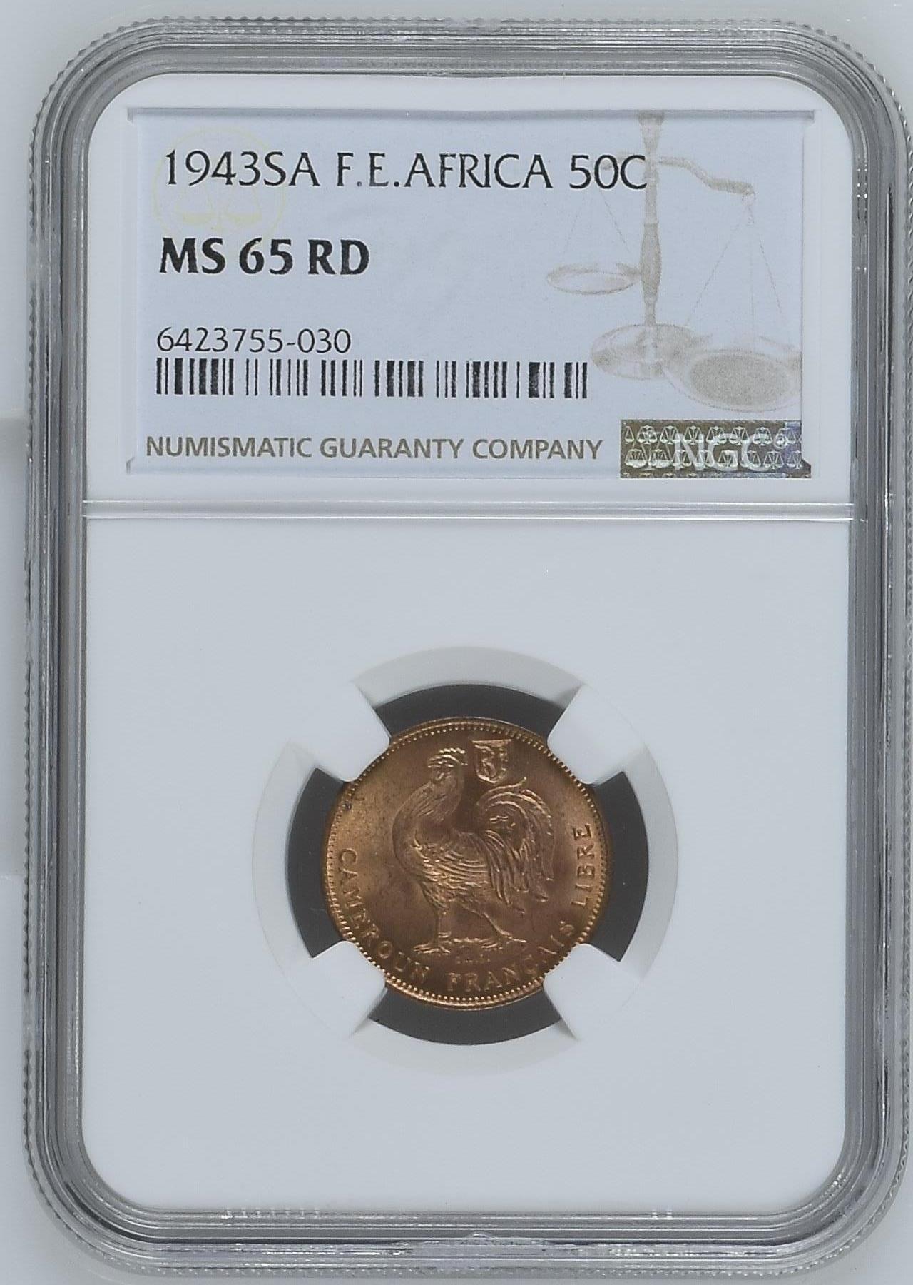 长老汇龙年精选第九场拍卖 1943SA 法属赤道非洲雄鸡50分铜币，NGC MS65RD，5枚并列冠军之一