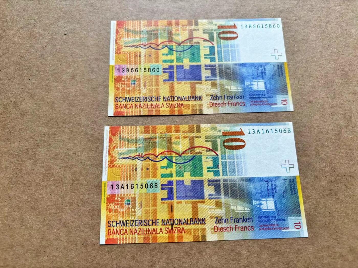 【Blue Auction】✨世界纸币精拍第506期【精】 【一组2张 A冠&B冠无47】瑞士 2013年10法郎 全新UNC
