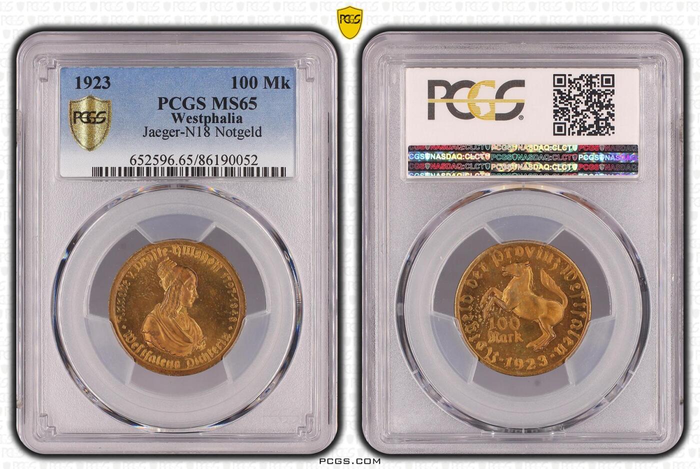 长老汇龙年精选第九场拍卖 1923 1923 德国威斯特法兰德紧马币女诗人100马克，PCGS MS65，更高11枚