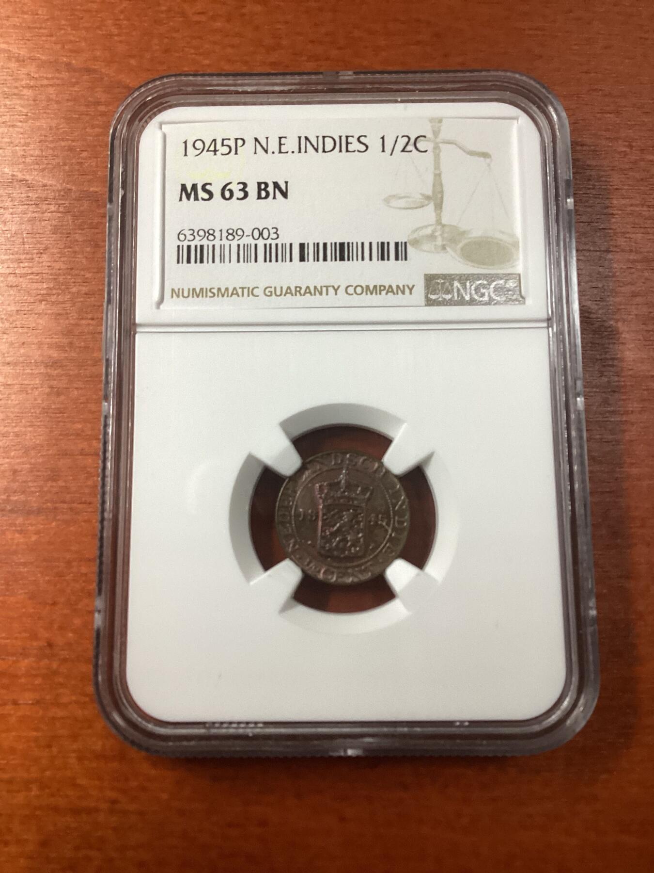 长老汇龙年精选第九场拍卖 1945P 荷属东印度1/2铜分，NGC MS63BN，唯一季军分，更高2枚