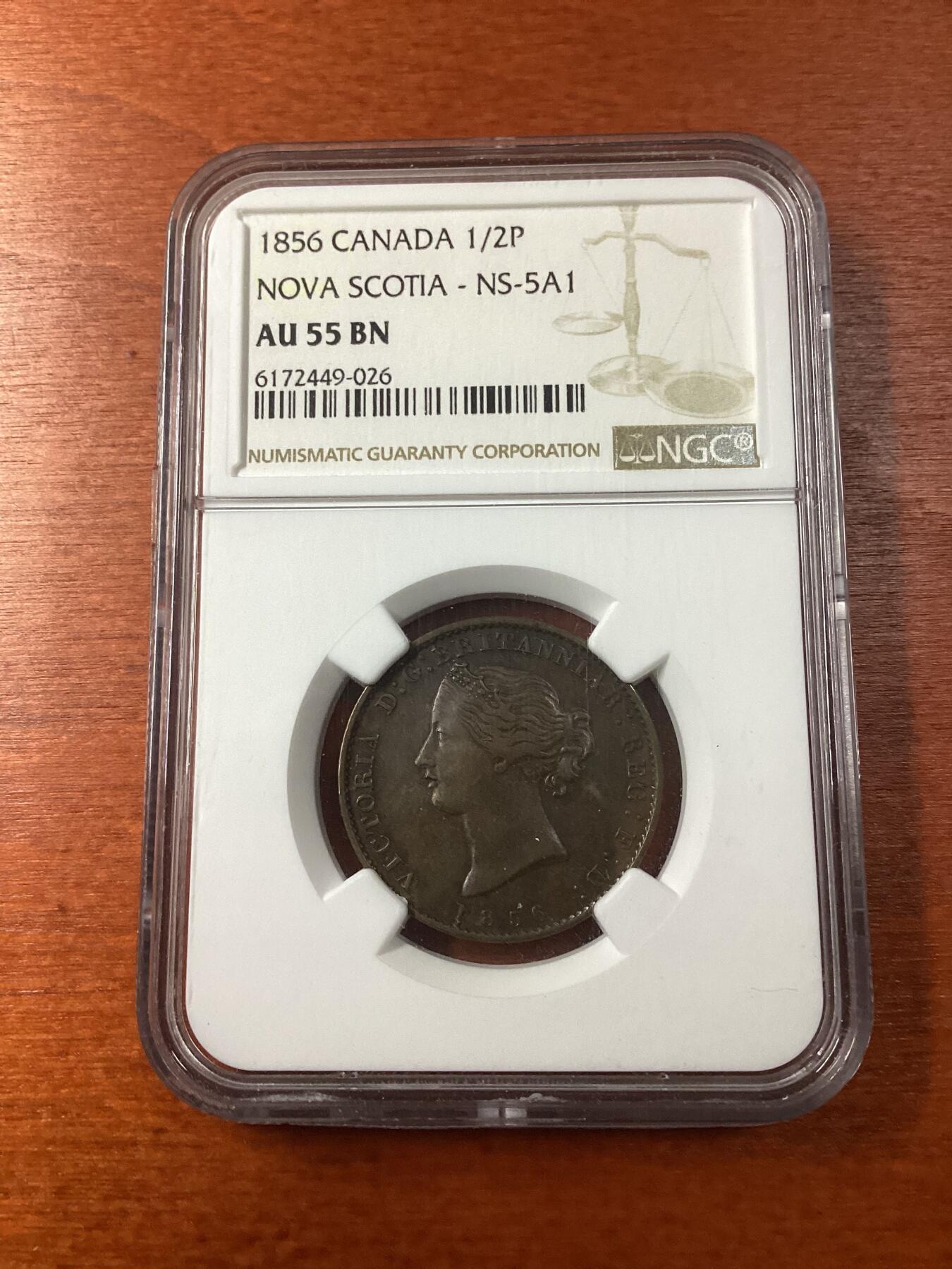 长老汇龙年精选第九场拍卖 1856 加拿大新斯科舍省1/2便士铜币，NGC AU55BN，更高8枚