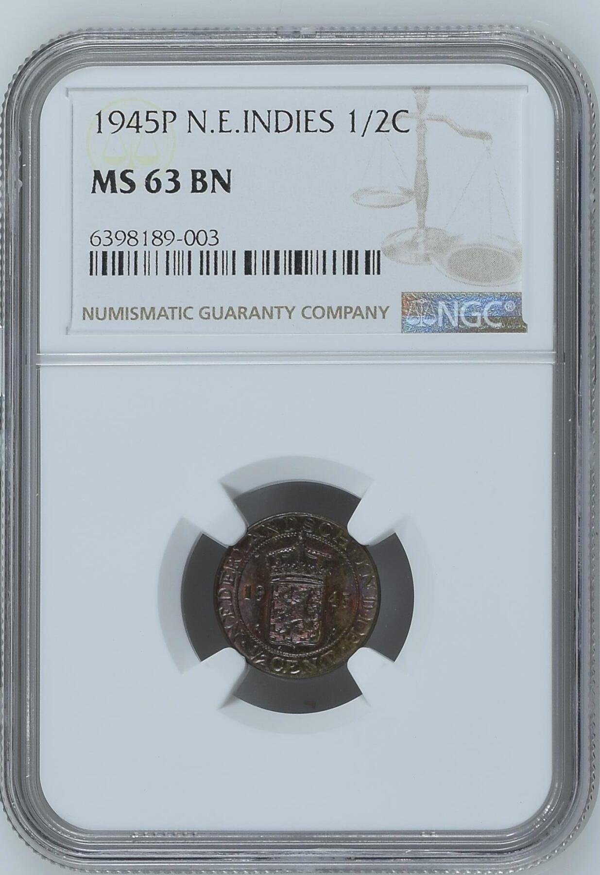 长老汇龙年精选第九场拍卖 1945P 荷属东印度1/2铜分，NGC MS63BN，唯一季军分，更高2枚