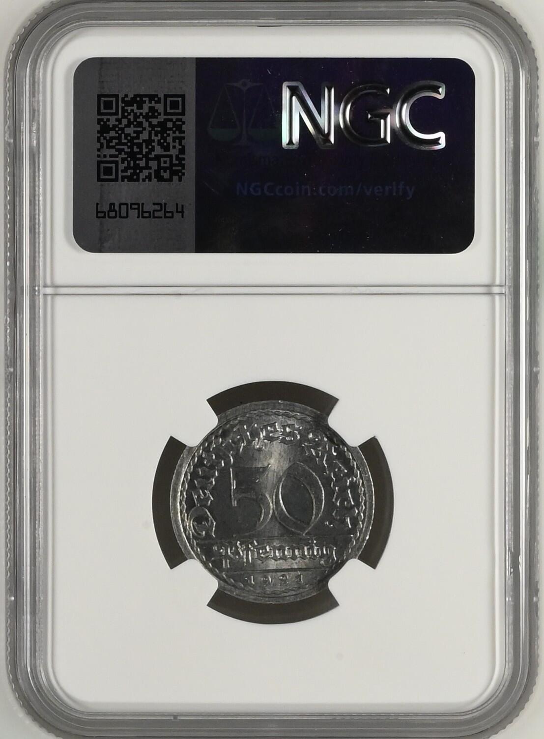 长老汇龙年精选第九场拍卖 1921F 德国魏玛共和国 50芬尼铝币，NGC MS64，亚军分，更高1枚