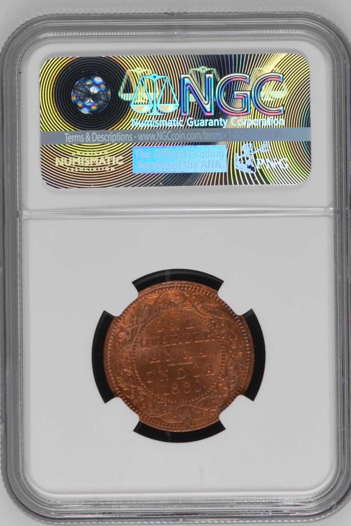 长老汇龙年精选第九场拍卖 1880(C) 英属印度维多利亚1/4安娜铜币，NGC MS64RB，季军分，更高分29枚，官网60分100美金