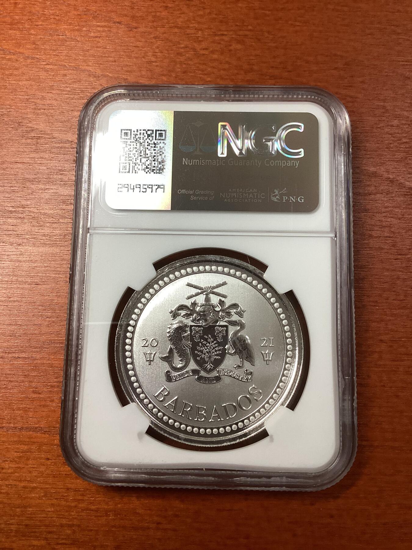 长老汇龙年精选第九场拍卖 2021 巴巴多斯海神三叉戟1元银币，NGC MS68，更高14枚