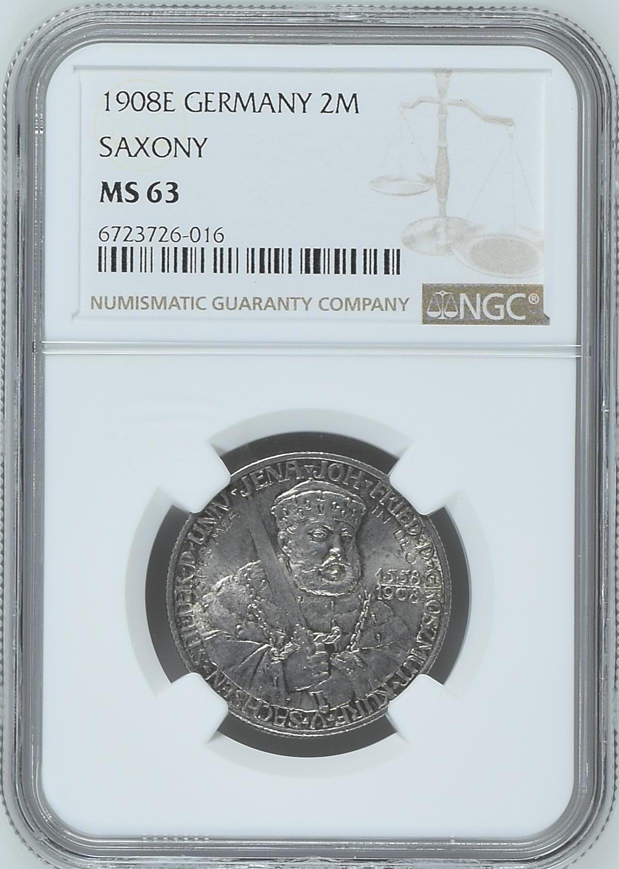 长老汇龙年精选第九场拍卖 1908E 德国撒克逊耶拿大学2马克银币，NGC MS63，唯一亚军分，更高2枚，官网63分350美金