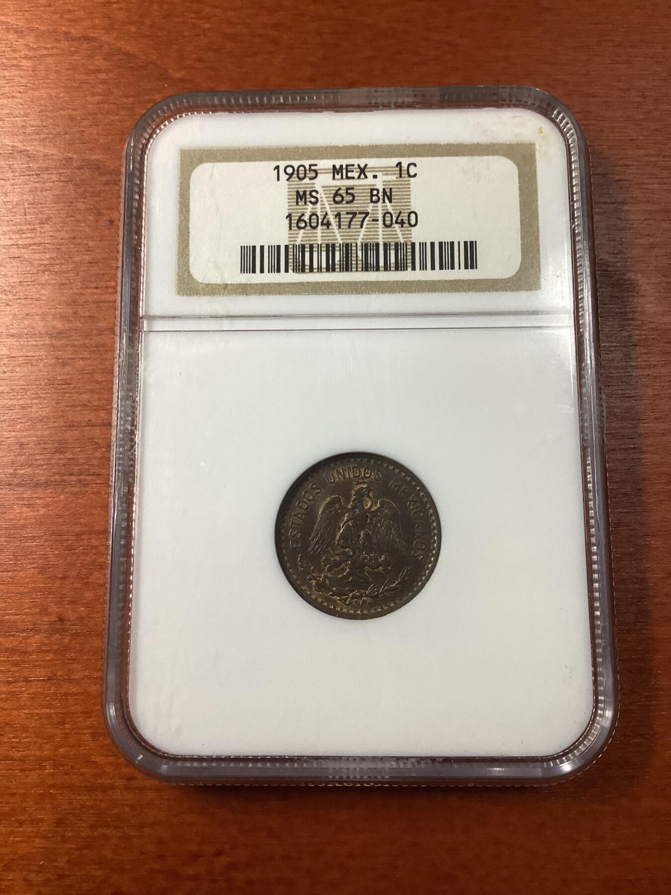 长老汇龙年精选第九场拍卖 1905Mo墨西哥1分铜币，NGC MS65BN，老盒，更高分仅有1枚，官网60分75美金