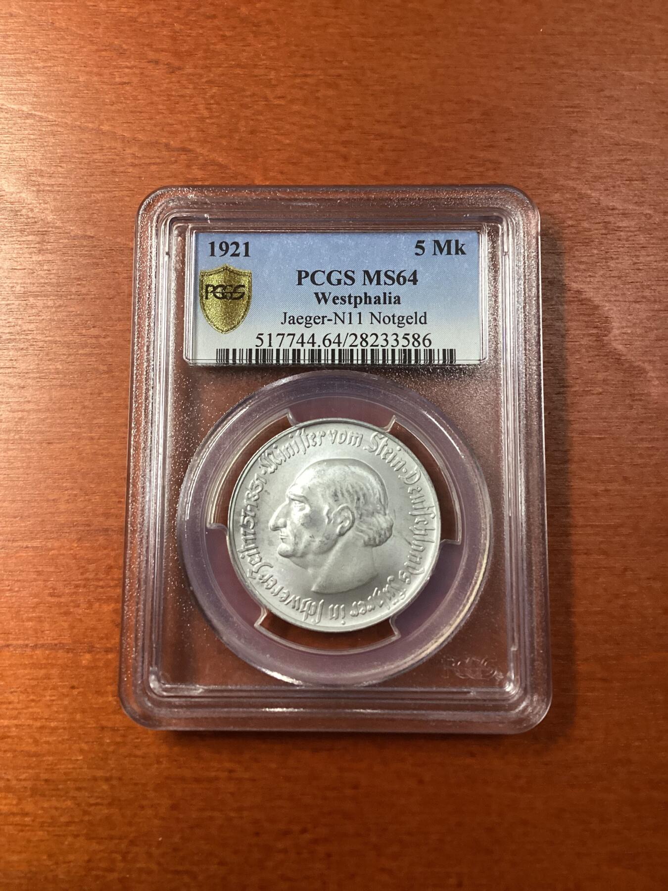 长老汇龙年精选第九场拍卖 1921 德国威斯特法兰德紧斯坦伯爵马币5马克，PCGS MS64，更高12枚
