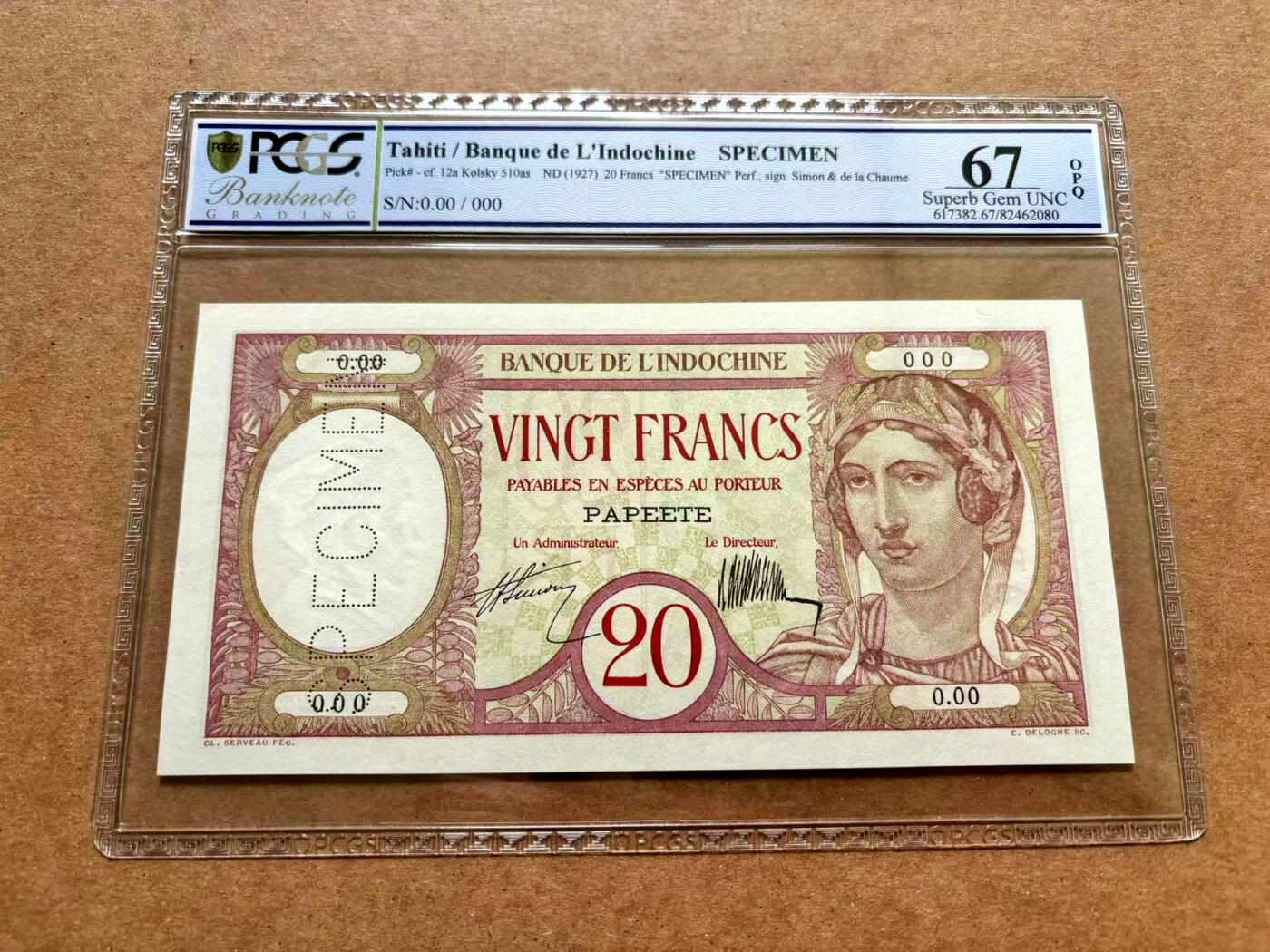 【Blue Auction】✨世界纸币精拍第506期【精】 【唯一冠军分】塔希提 1927年20法郎 经典孔雀钞 PCGS67EPQ顶级高分 样钞 设计精美 带中文字 p12as PMG仅4个记录