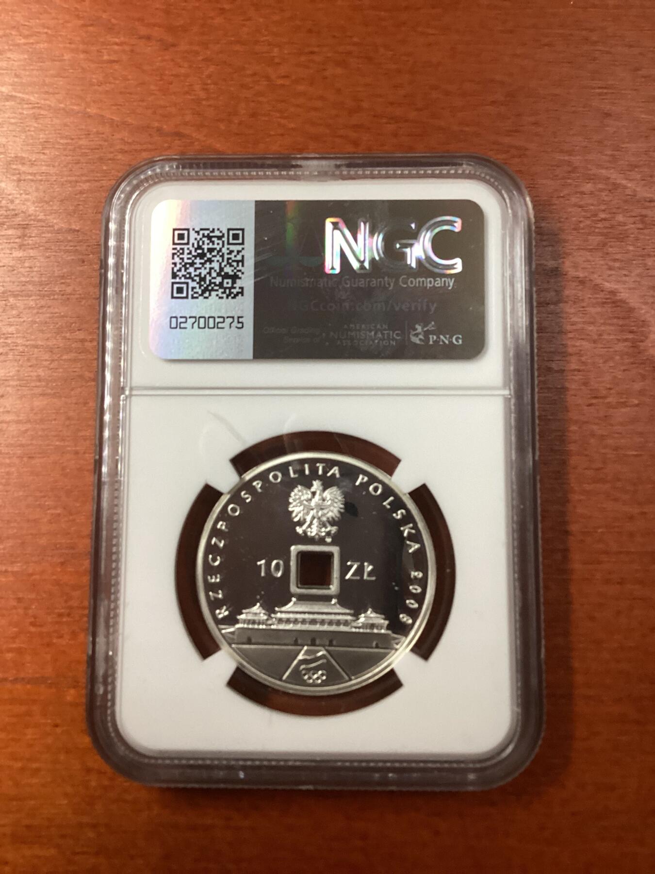 长老汇龙年精选第九场拍卖 2008MW  波兰北京奥运会帆船10兹罗提方孔圆形精制银币，NGC PF68UC