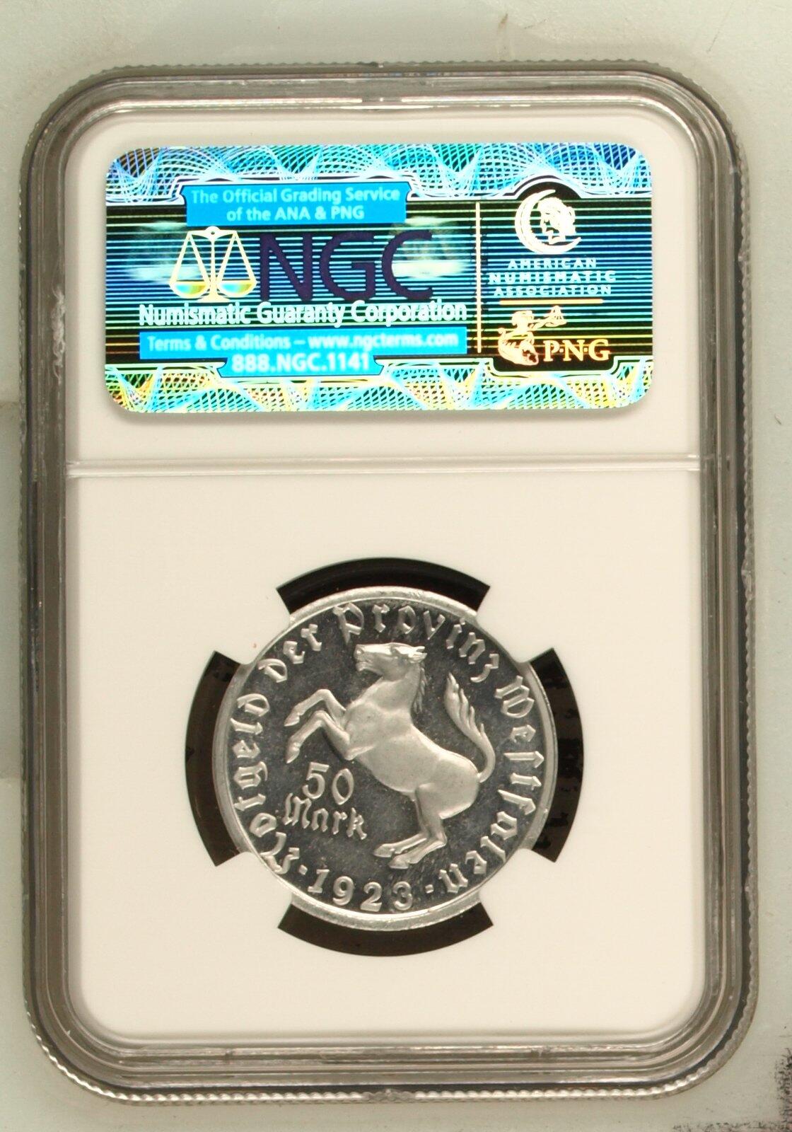 长老汇马年精选第九场拍卖  1923德国威斯特法兰德紧马币女诗人50马克，NGC MS65，亚军分，更高4枚，老盒