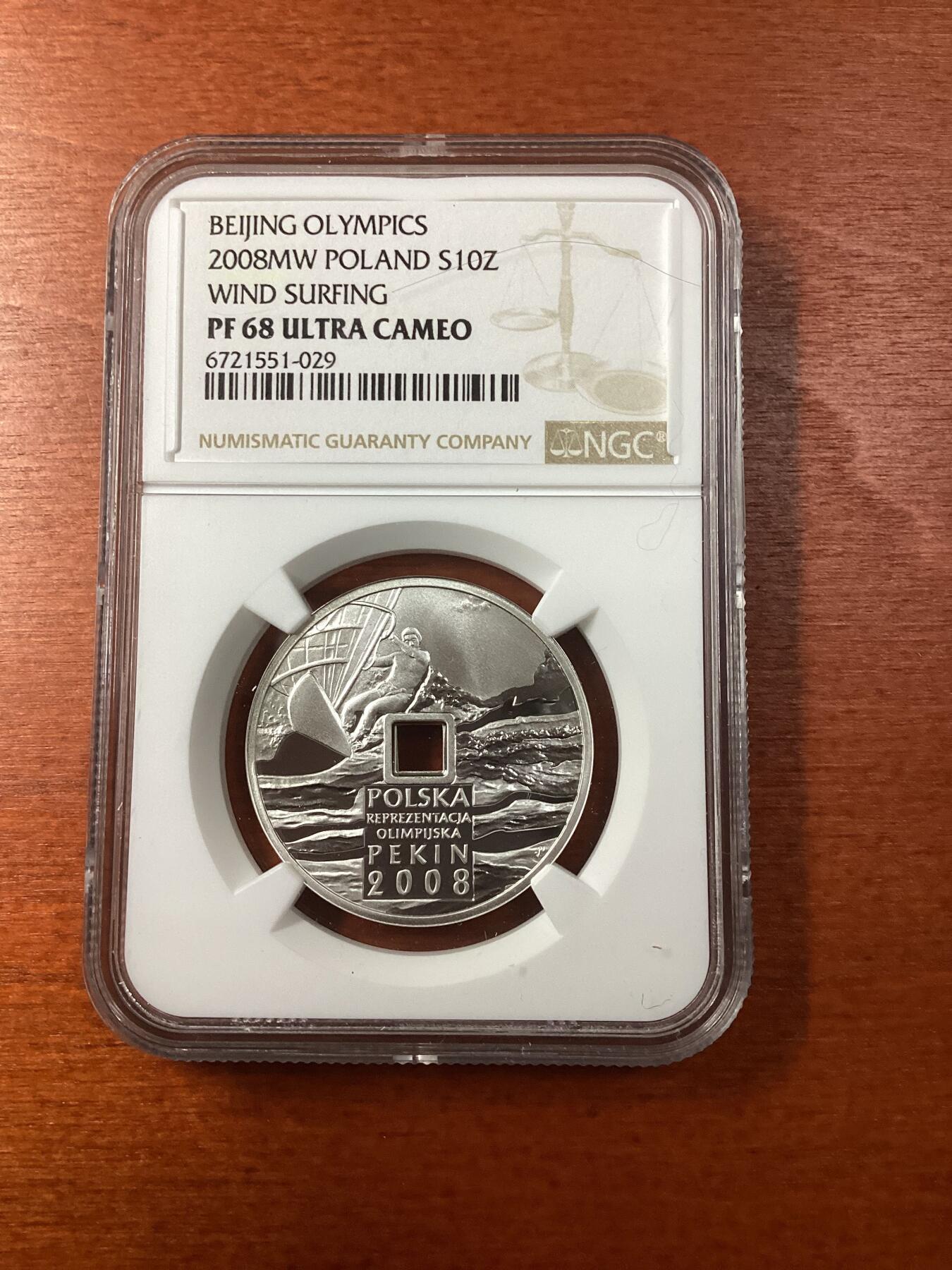 长老汇龙年精选第九场拍卖 2008MW  波兰北京奥运会帆船10兹罗提方孔圆形精制银币，NGC PF68UC