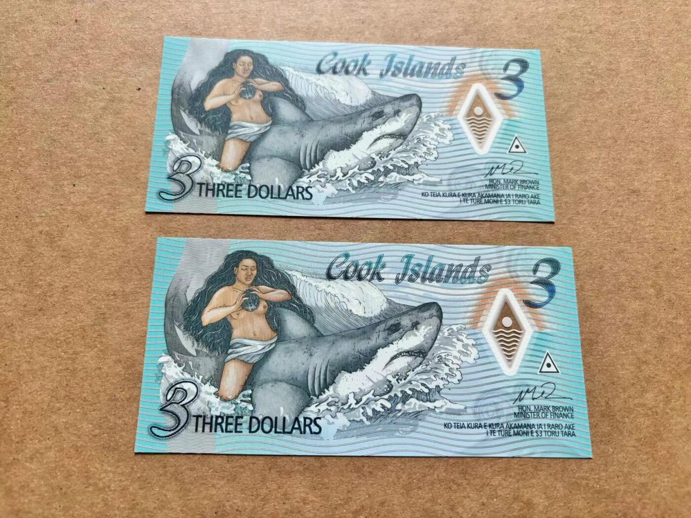 【Blue Auction】✨世界纸币精拍第506期【精】 【一组2张 AA冠555豹子号&ZA补号】库克群岛 3元 塑料钞 全新UNC