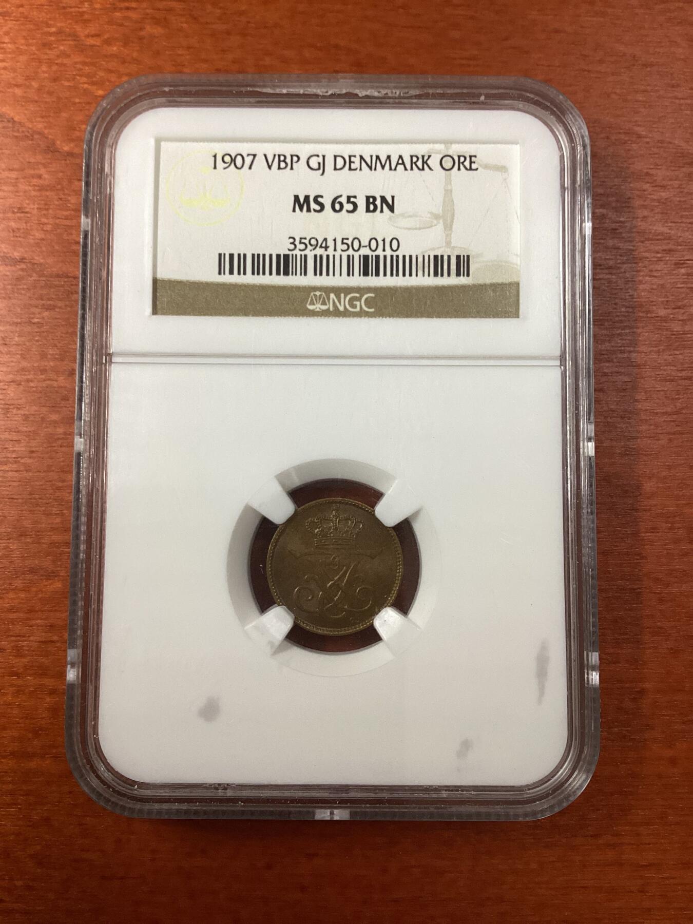 长老汇龙年精选第九场拍卖 1907 VBP GJ 丹麦1欧尔铜币，NGC65BN，季军分