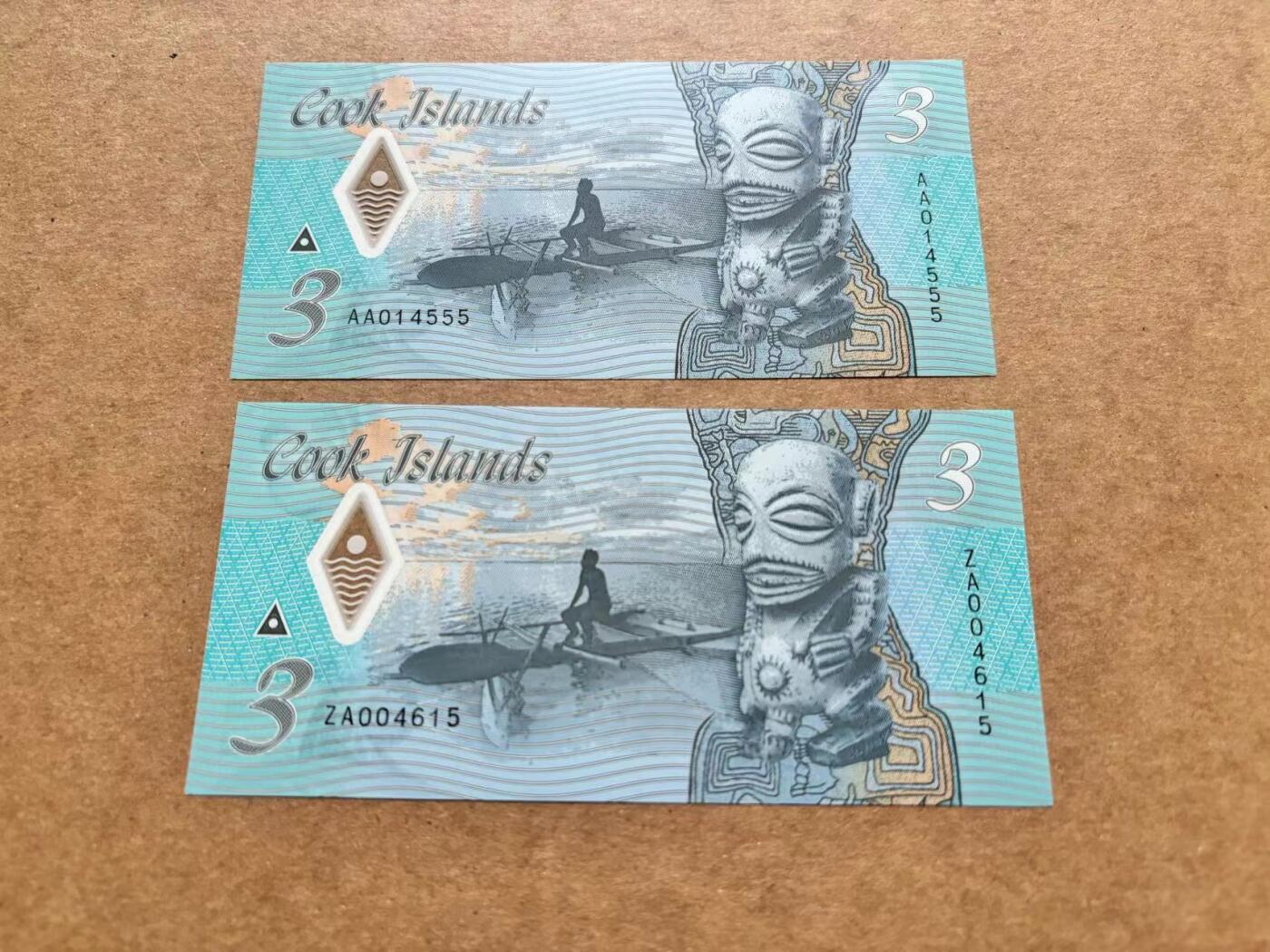 【Blue Auction】✨世界纸币精拍第506期【精】 【一组2张 AA冠555豹子号&ZA补号】库克群岛 3元 塑料钞 全新UNC