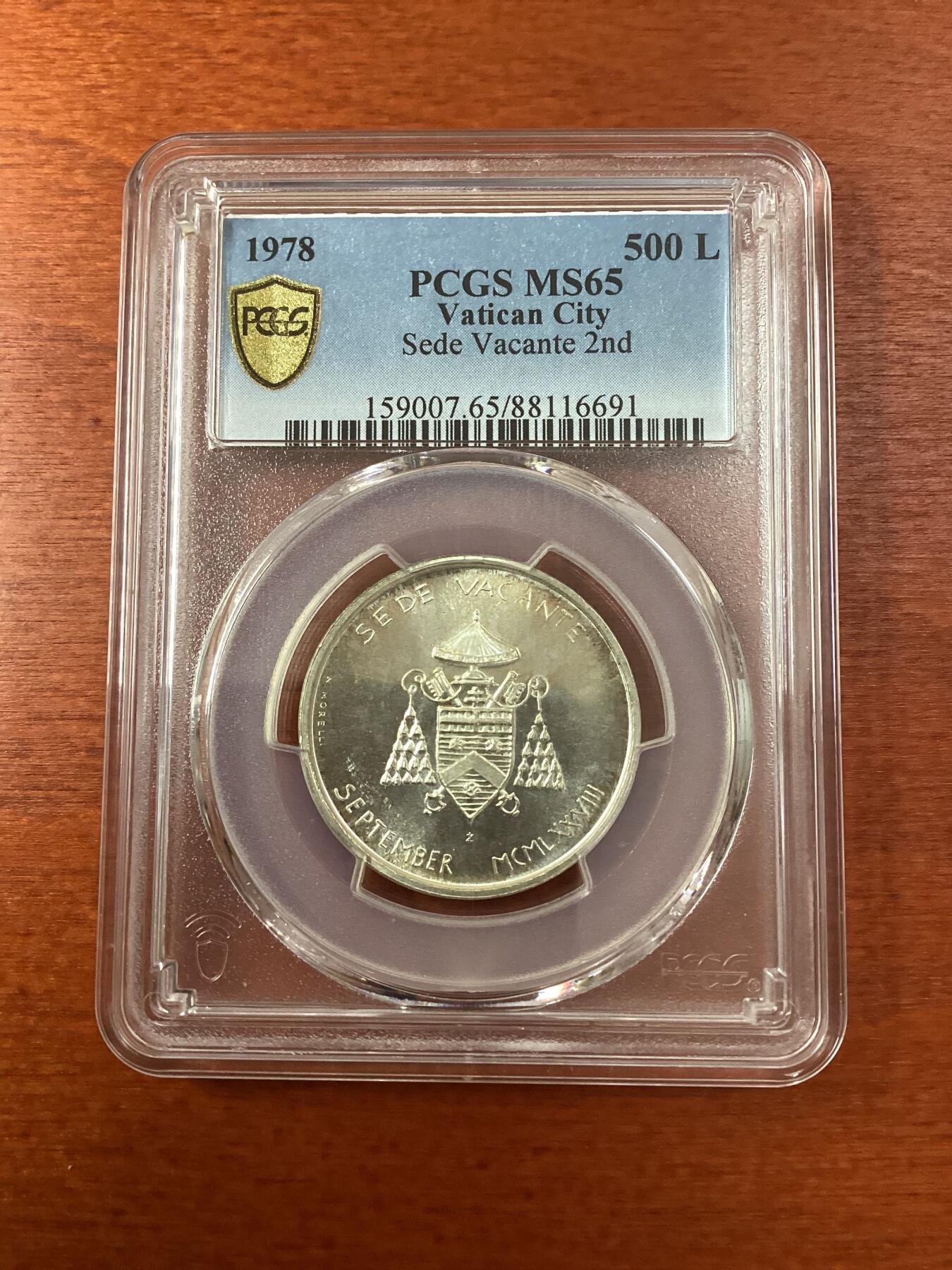 长老汇龙年精选第九场拍卖 1978  梵蒂冈教皇缺位500里拉银币，PCGS MS65，类型二