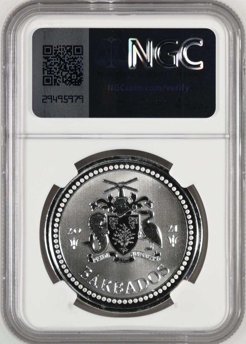 长老汇龙年精选第九场拍卖 2021 巴巴多斯海神三叉戟1元银币，NGC MS68，更高14枚