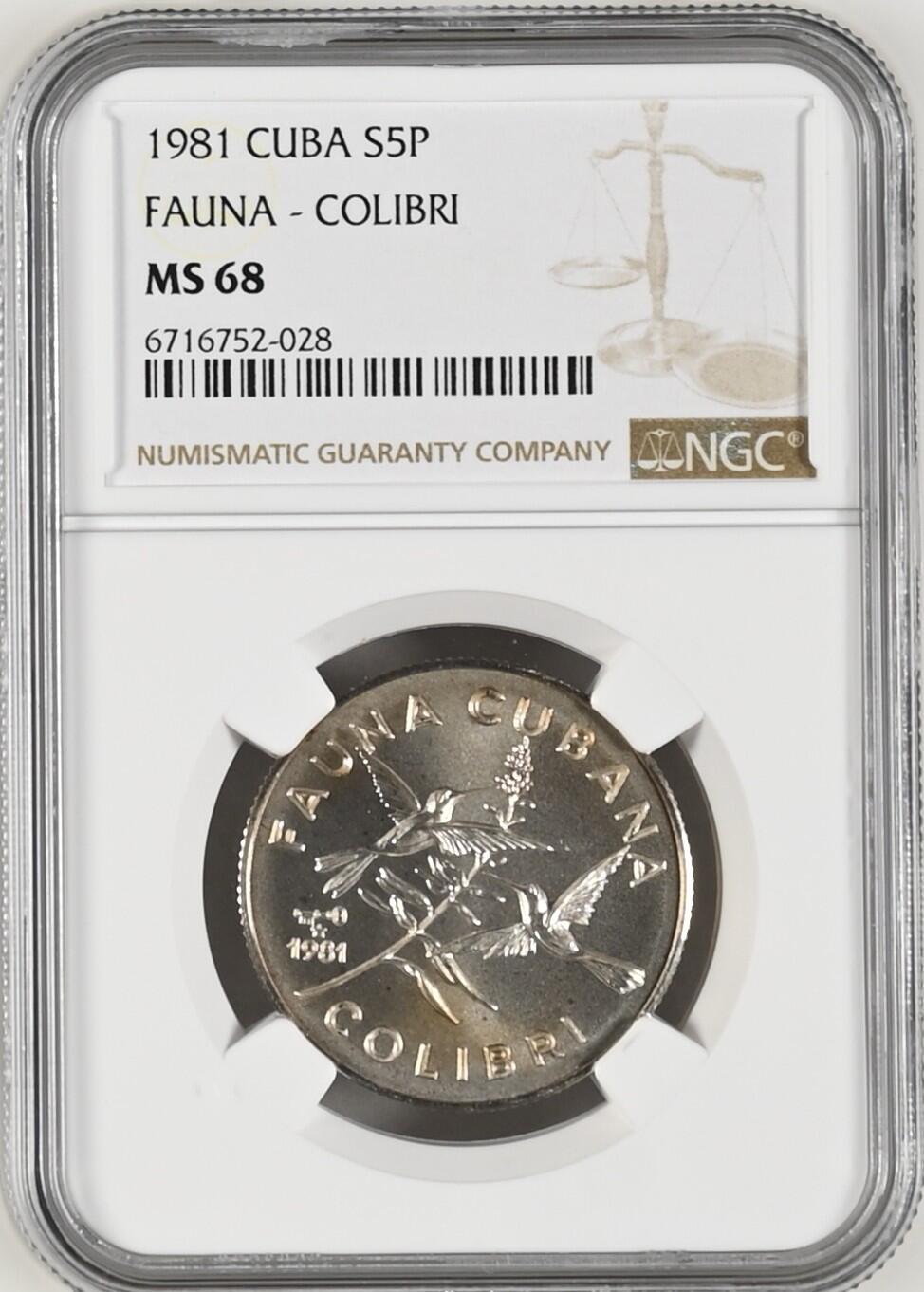 长老汇龙年精选第九场拍卖 1981 古巴动物之蜂鸟5比索银币，NGC MS68，季军分，更高6枚