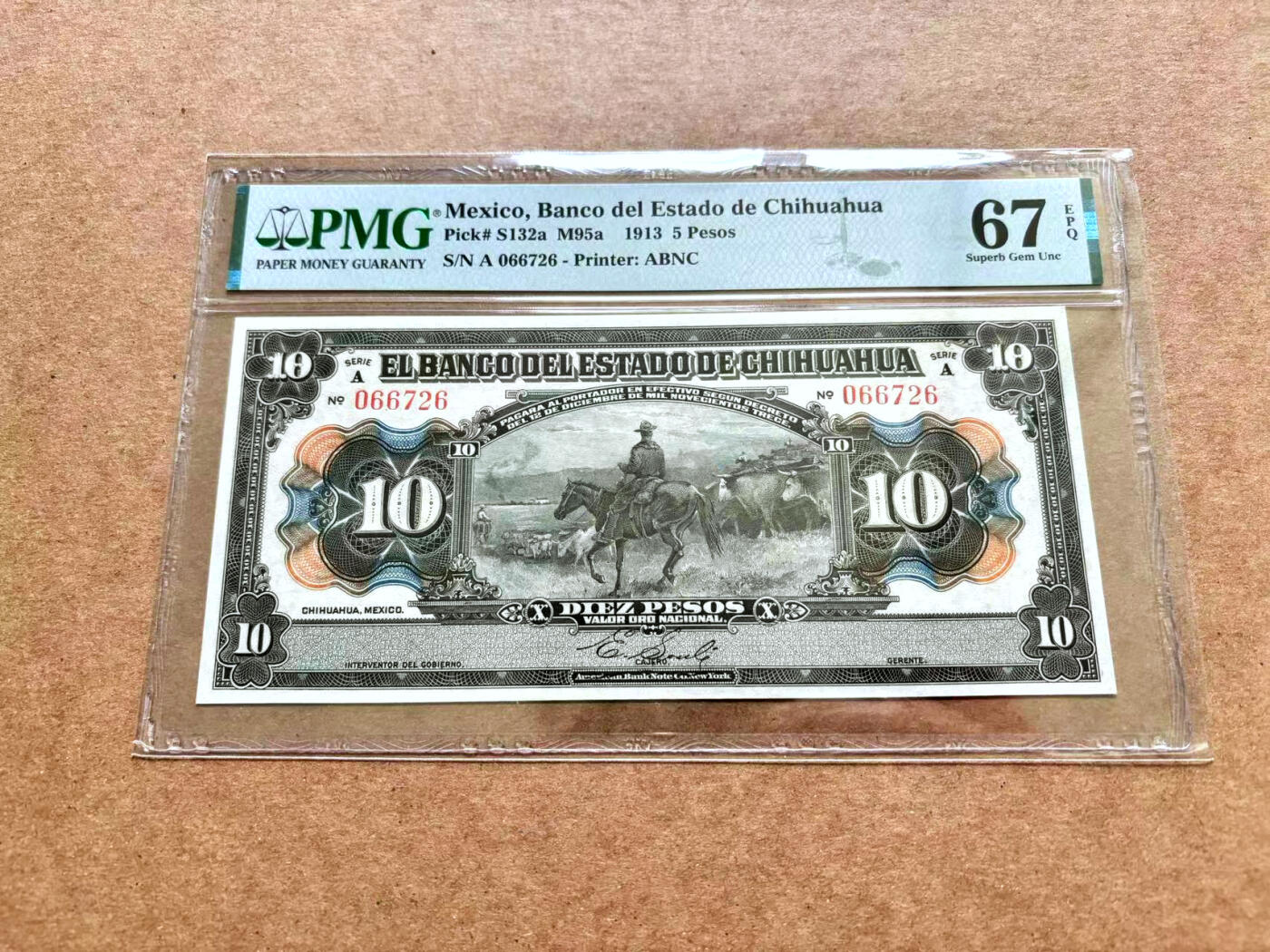 【Blue Auction】✨世界纸币精拍第506期【精】 墨西哥 1913年10比索 实钞 A冠 PMG67EPQ 高分 ABNC出品 