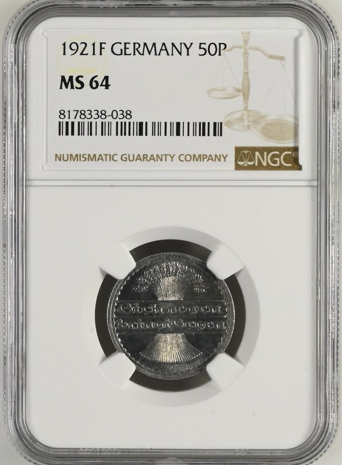 长老汇龙年精选第九场拍卖 1921F 德国魏玛共和国 50芬尼铝币，NGC MS64，亚军分，更高1枚