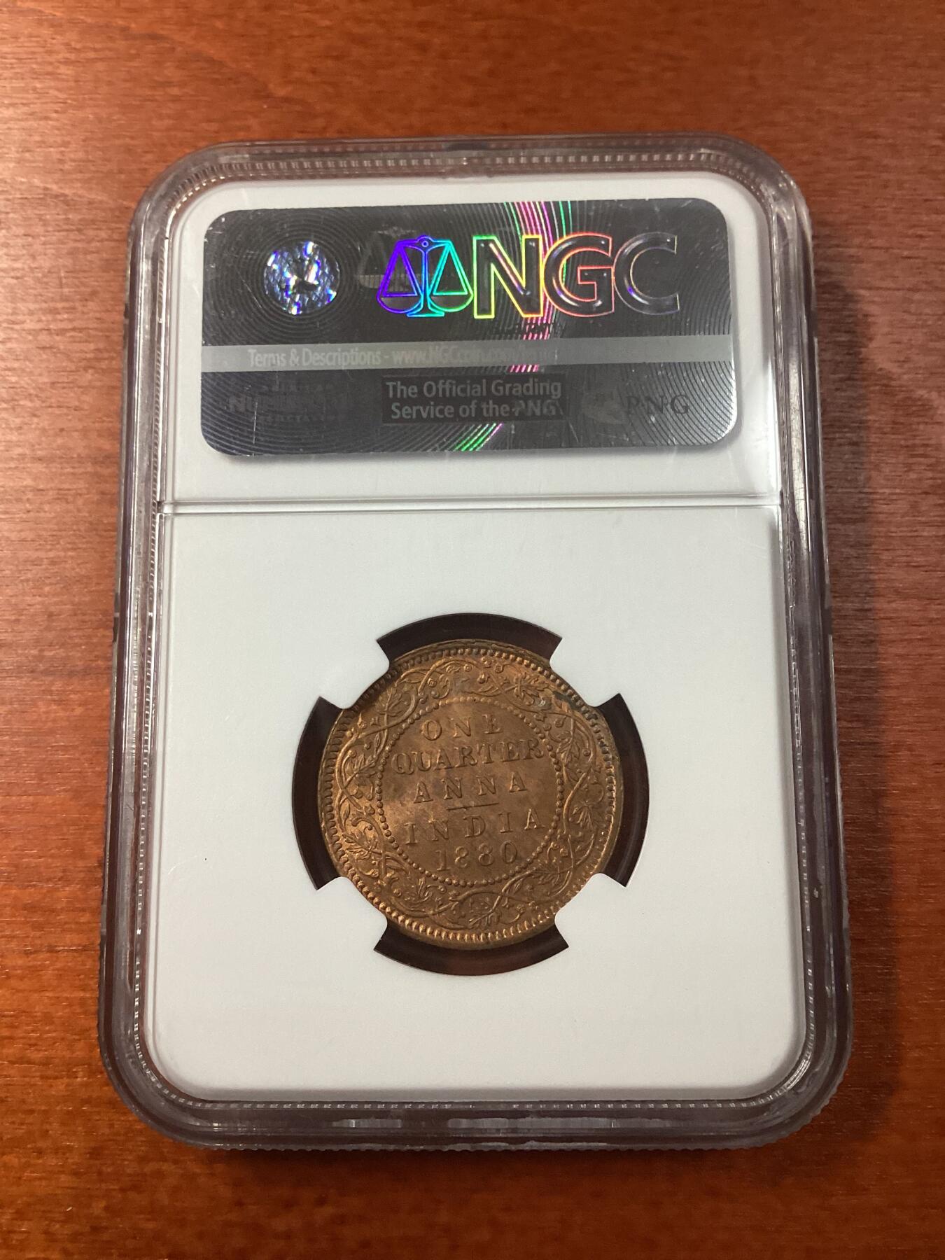 长老汇龙年精选第九场拍卖 1880(C) 英属印度维多利亚1/4安娜铜币，NGC MS64RB，季军分，更高分29枚，官网60分100美金