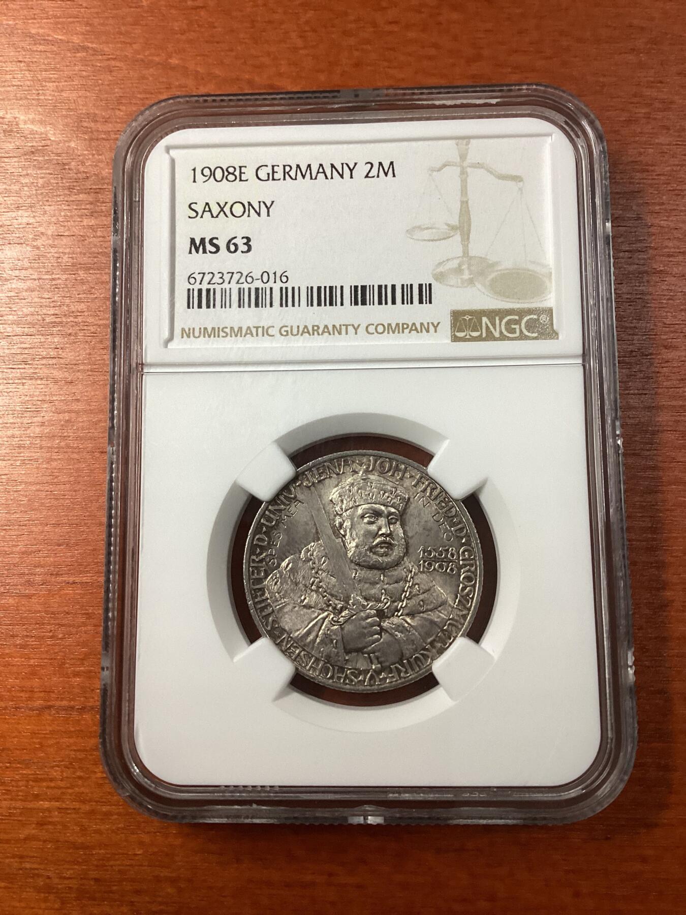 长老汇龙年精选第九场拍卖 1908E 德国撒克逊耶拿大学2马克银币，NGC MS63，唯一亚军分，更高2枚，官网63分350美金