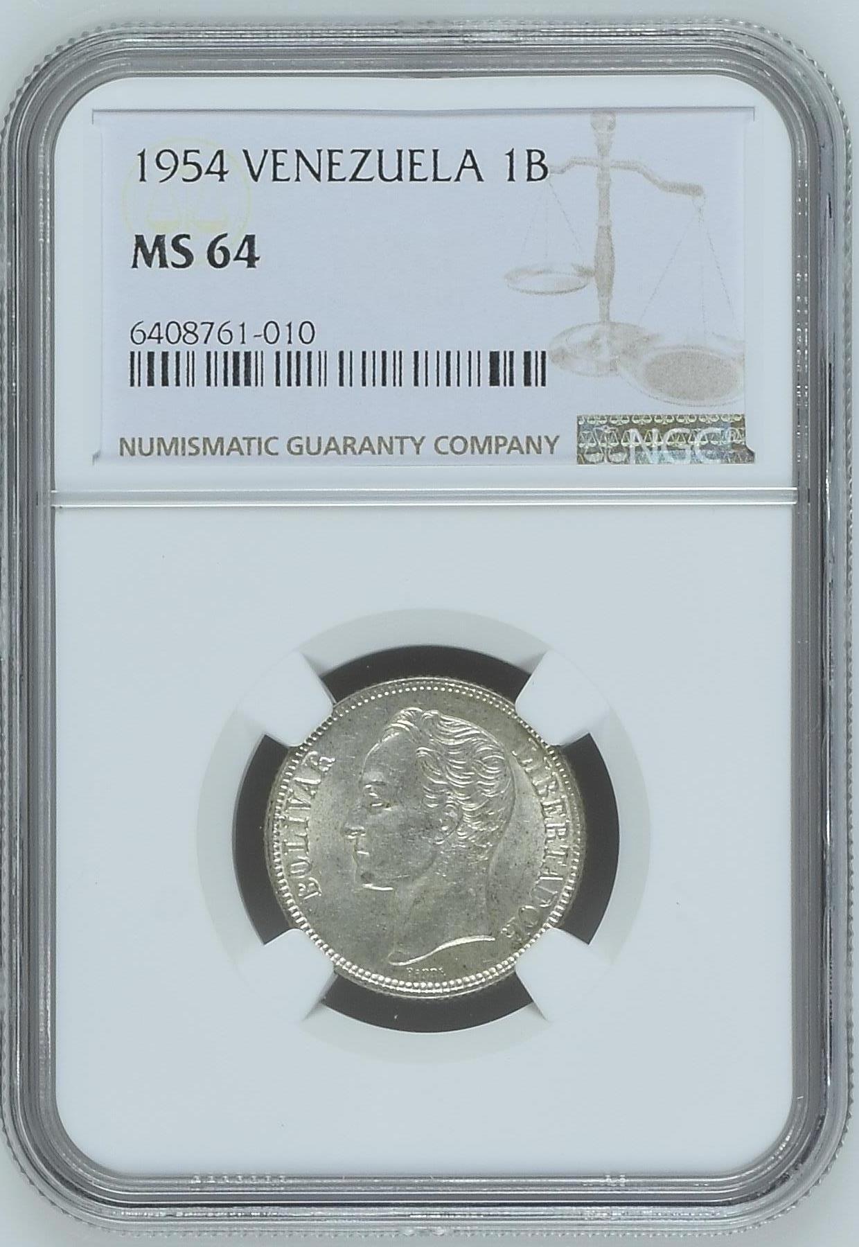 长老汇龙年精选第九场拍卖 1954 委内瑞拉1玻利瓦尔银币，NGC MS64