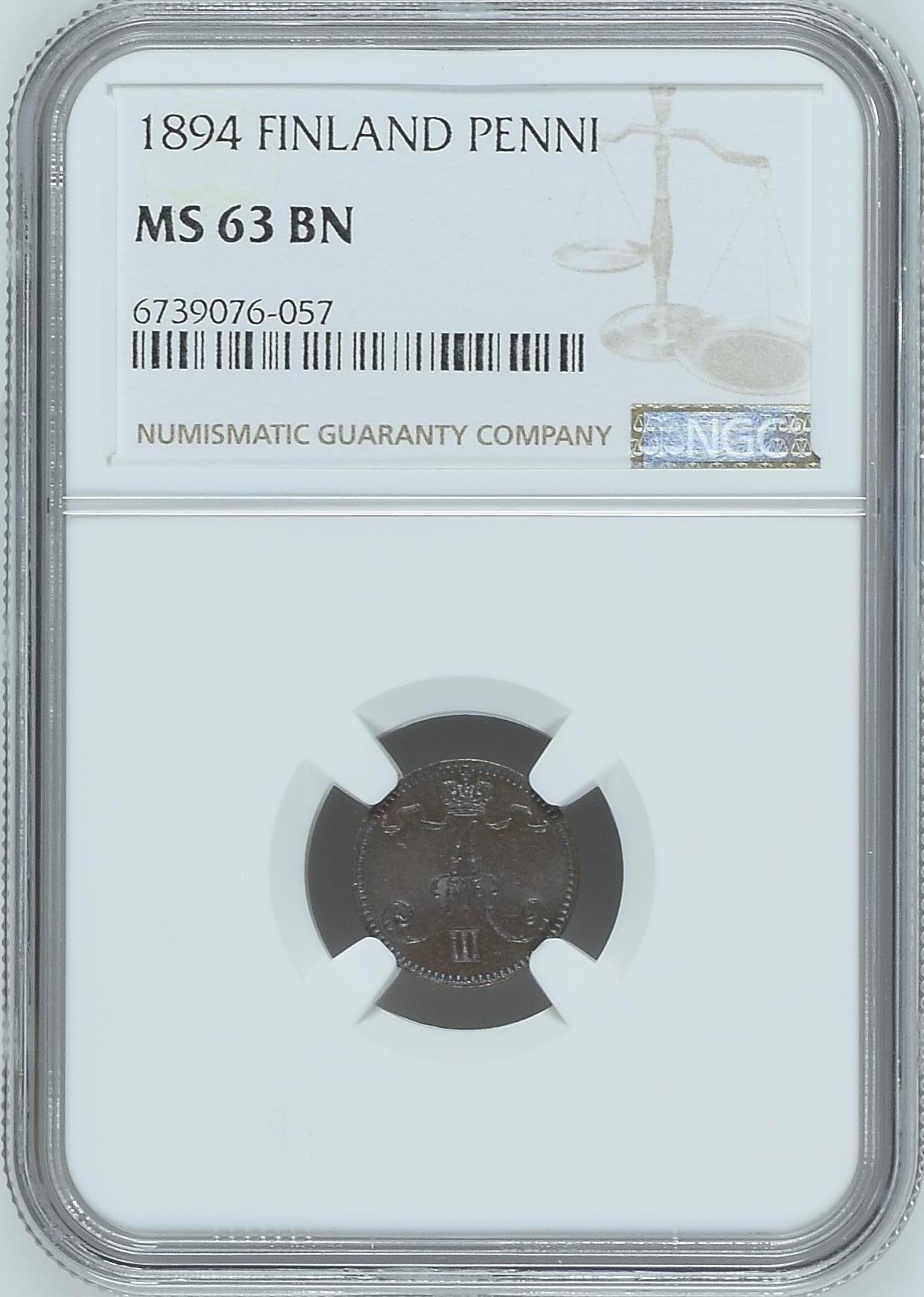长老汇龙年精选第九场拍卖 1894 芬兰1盆尼铜币，NGC MS63BN