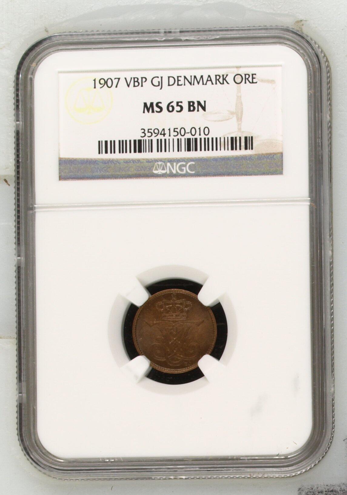 长老汇龙年精选第九场拍卖 1907 VBP GJ 丹麦1欧尔铜币，NGC65BN，季军分