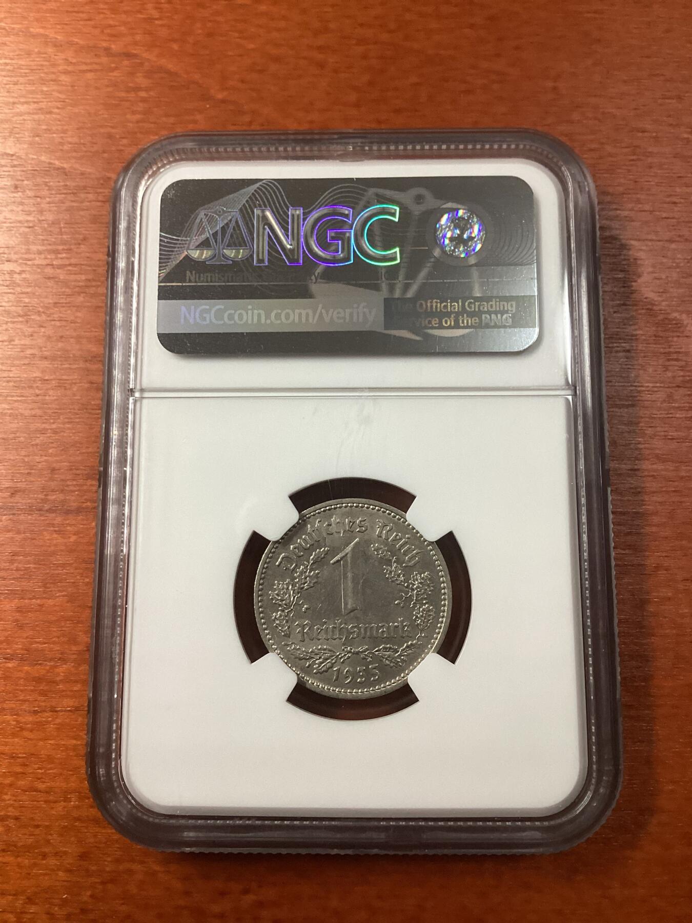 长老汇龙年精选第九场拍卖 1935A 德国第三帝国1马克镍币，NGC MS62