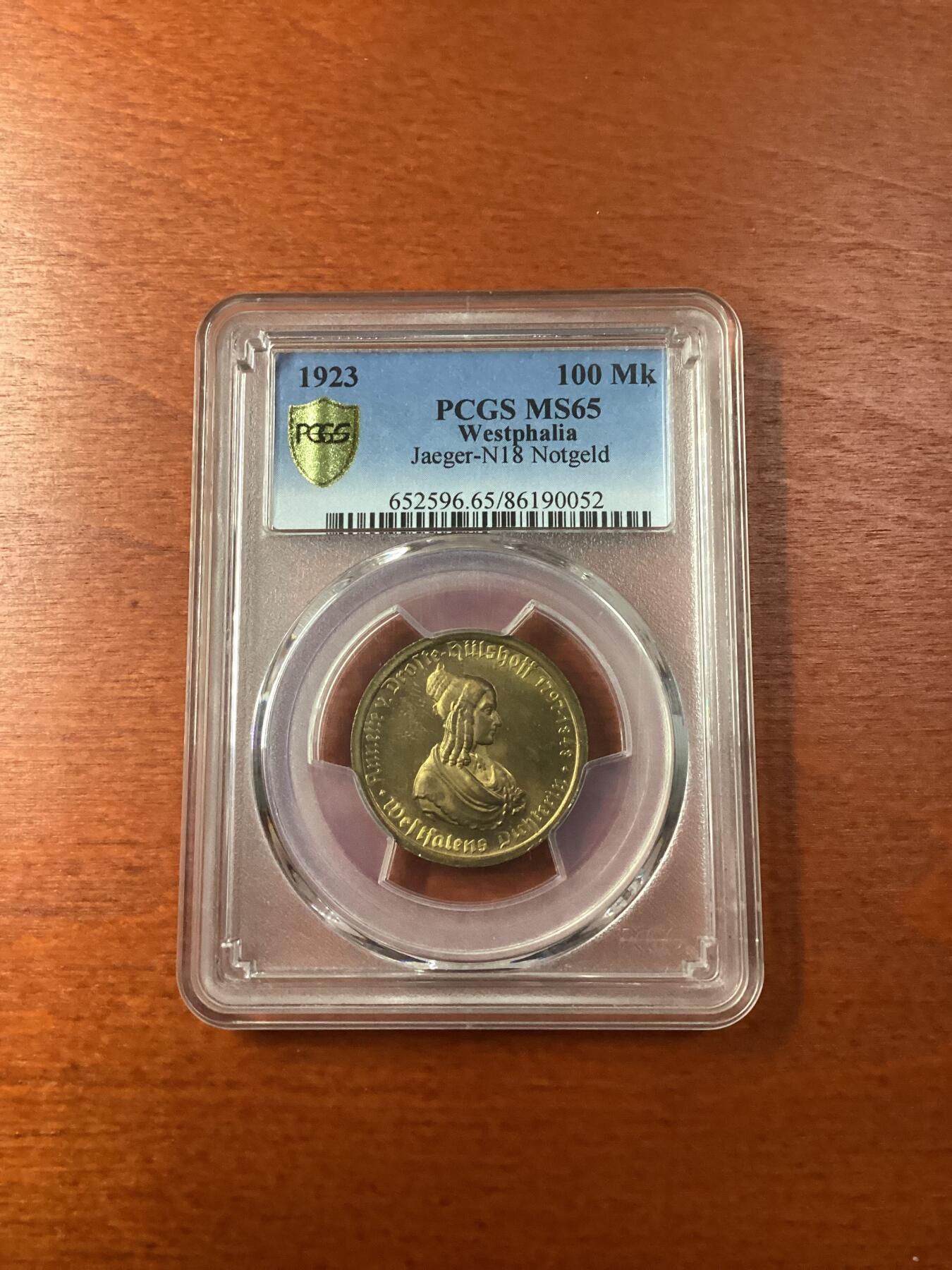 长老汇龙年精选第九场拍卖 1923 1923 德国威斯特法兰德紧马币女诗人100马克，PCGS MS65，更高11枚
