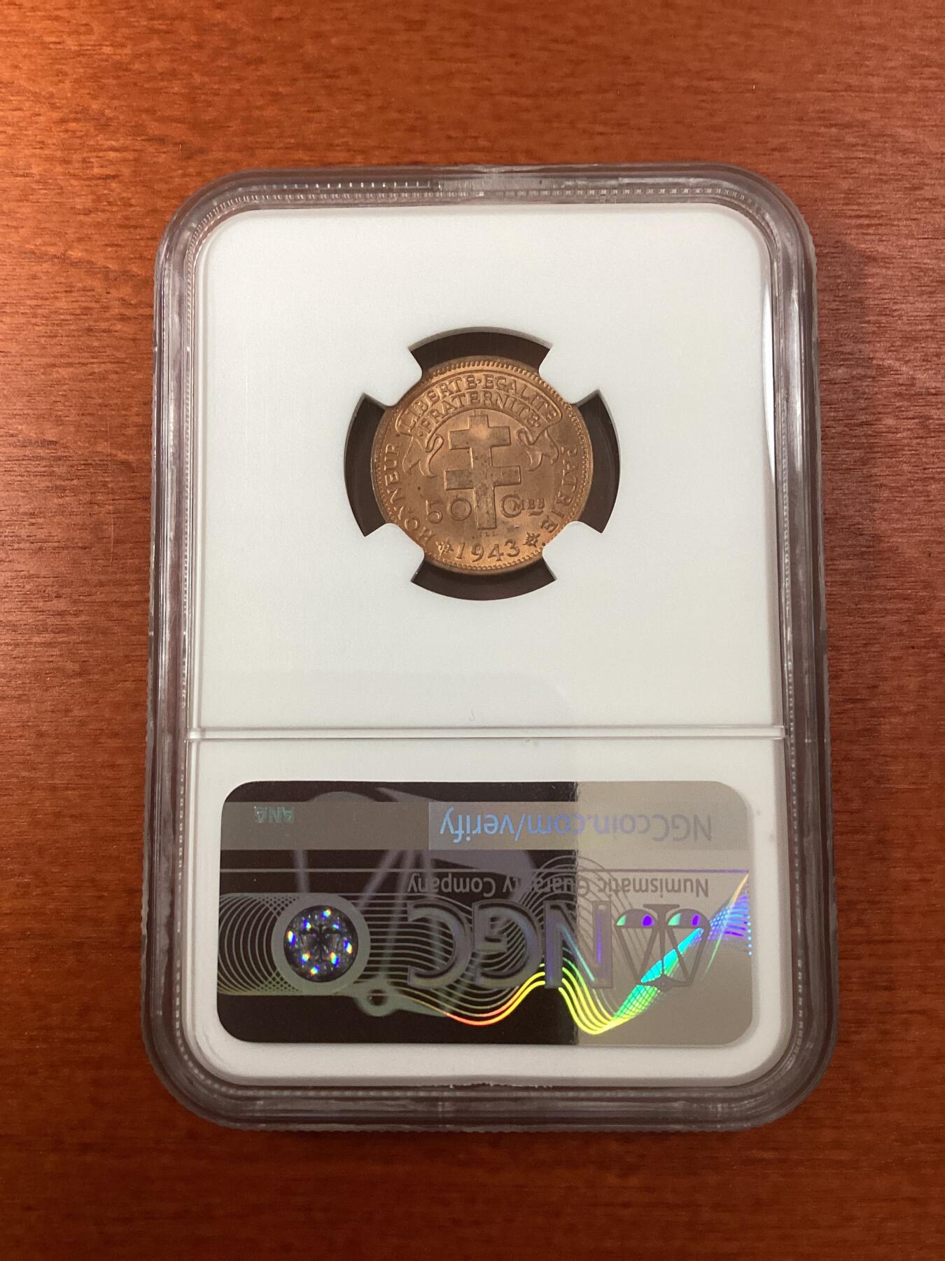 长老汇龙年精选第九场拍卖 1943SA 法属赤道非洲雄鸡50分铜币，NGC MS65RD，5枚并列冠军之一