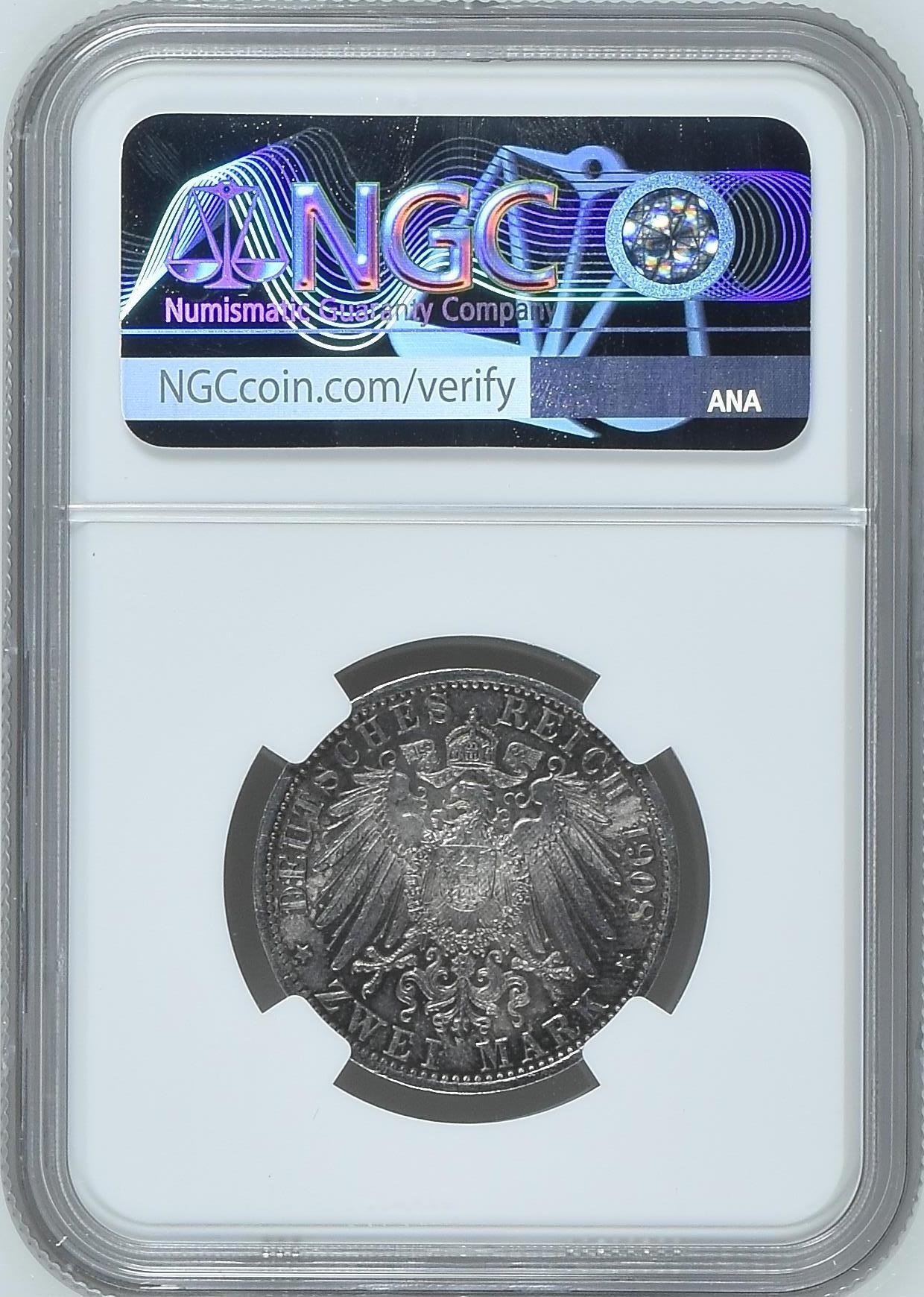 长老汇龙年精选第九场拍卖 1908E 德国撒克逊耶拿大学2马克银币，NGC MS63，唯一亚军分，更高2枚，官网63分350美金