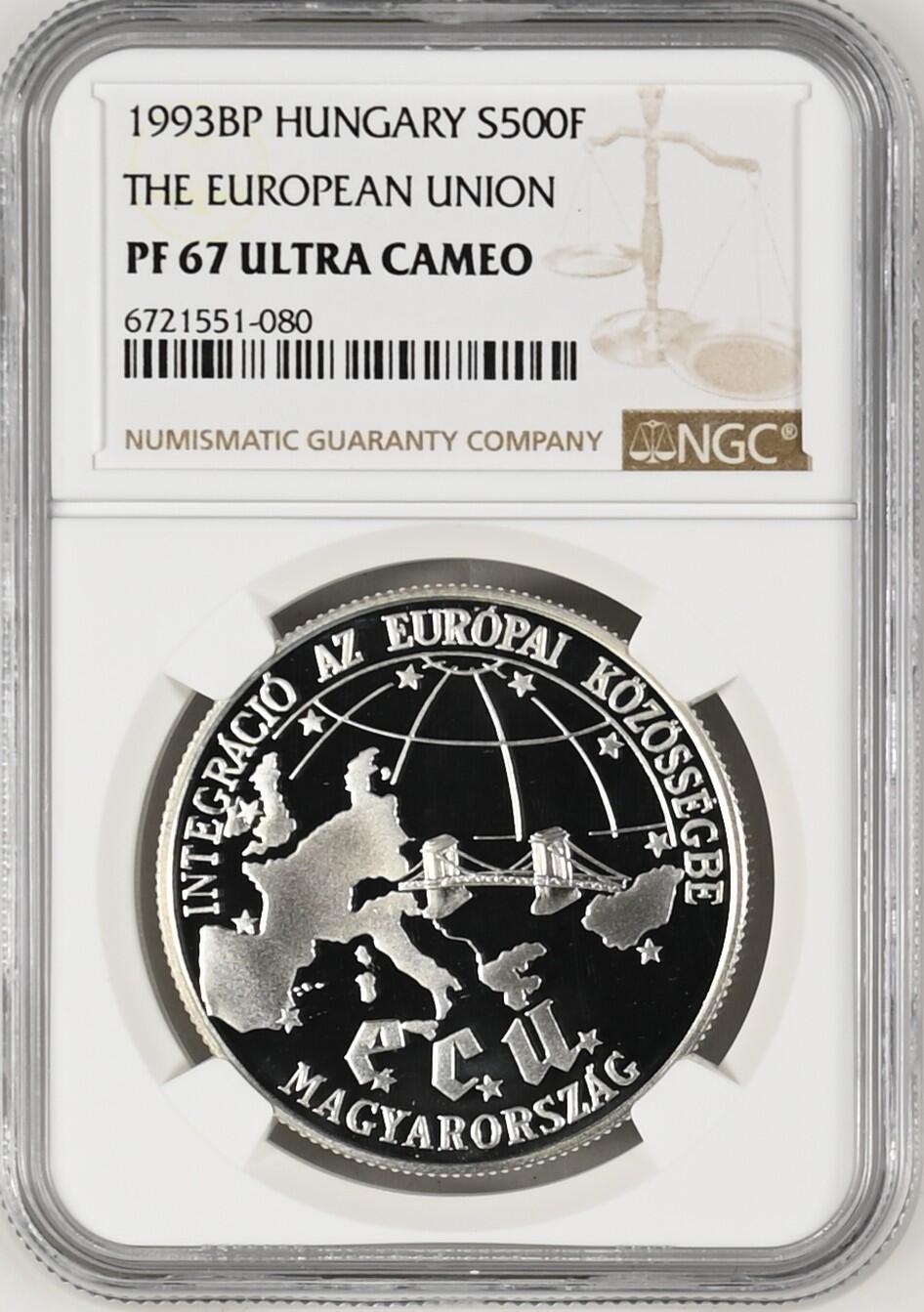 长老汇龙年精选第九场拍卖 1993BP 匈牙利欧盟500弗林特精制银币，NGC PF67UC，唯二亚军分，更高分仅有一枚