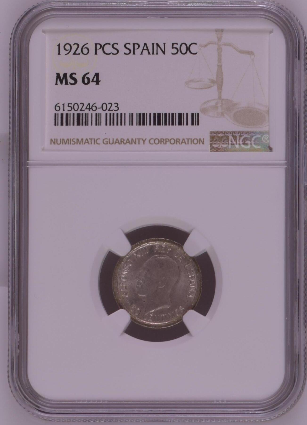 长老汇龙年精选第九场拍卖 1926 PCS  西班牙阿方索十三世50分银币，NGC MS64