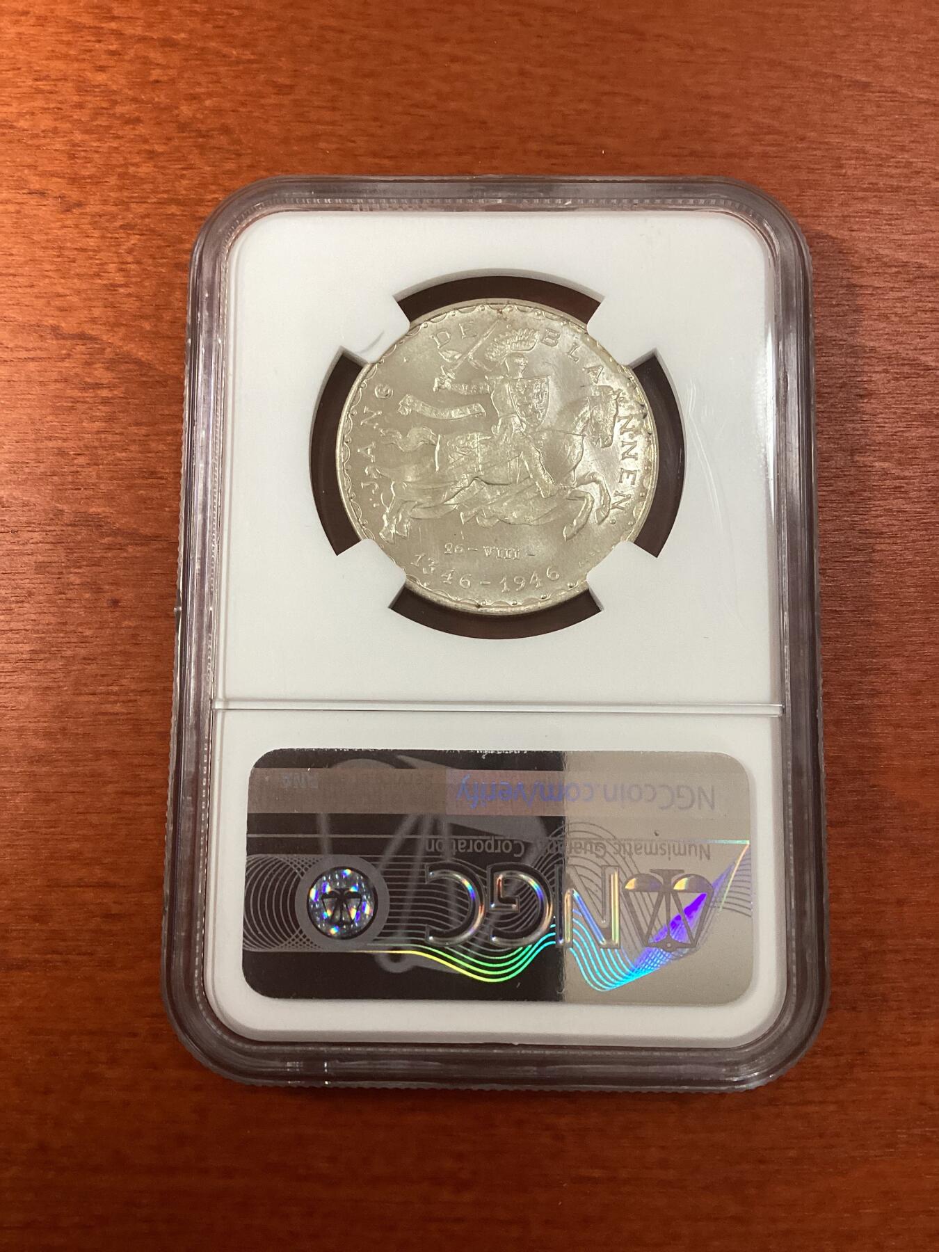 长老汇龙年精选第九场拍卖 1946 卢森堡盲人国王约翰战死沙场600周年50法郎银币，NGC MS63