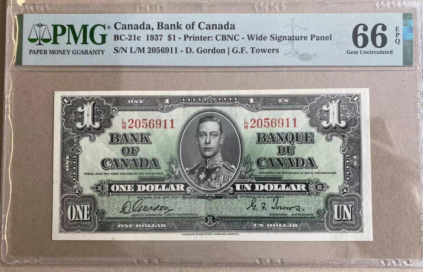 【Blue Auction】✨世界纸币精拍第506期【精】 【无47】加拿大 1937年1元 PMG66EPQ 英王乔六 背面丰收女神