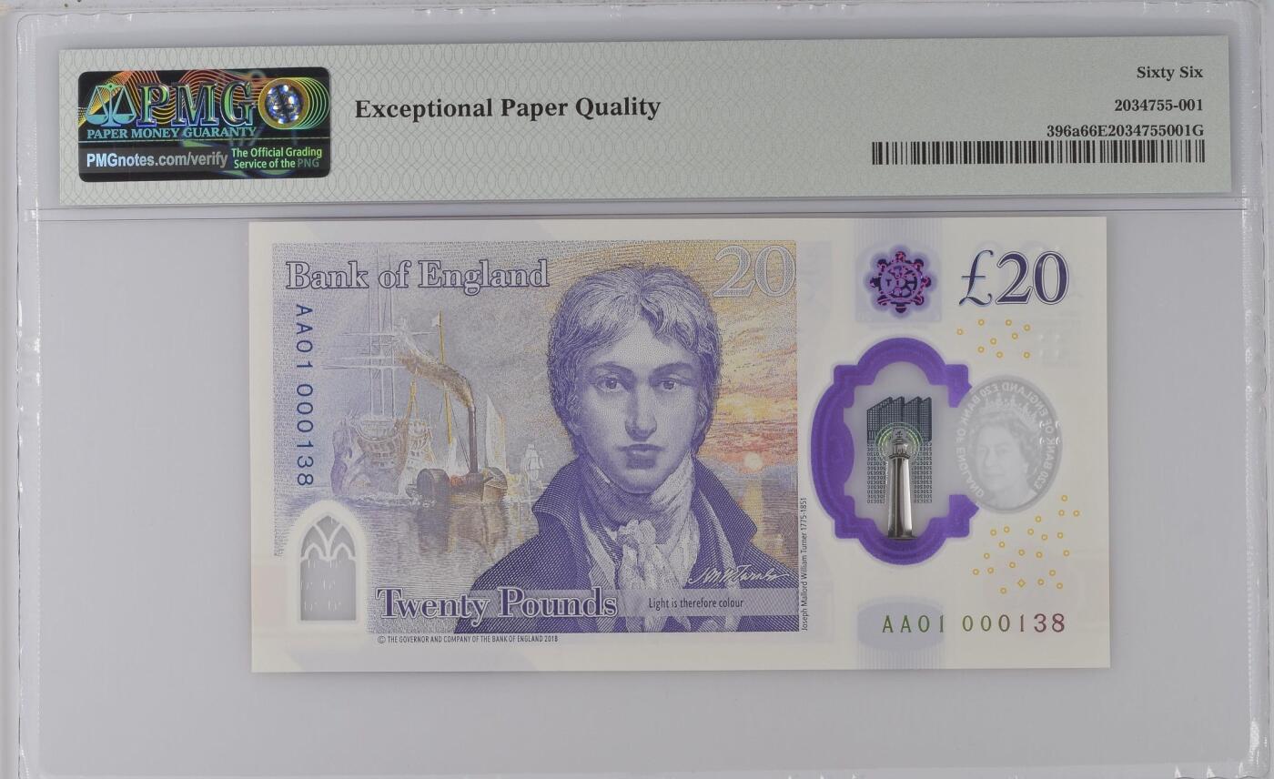 英国英格兰20英镑AA01首发冠小号PMG66