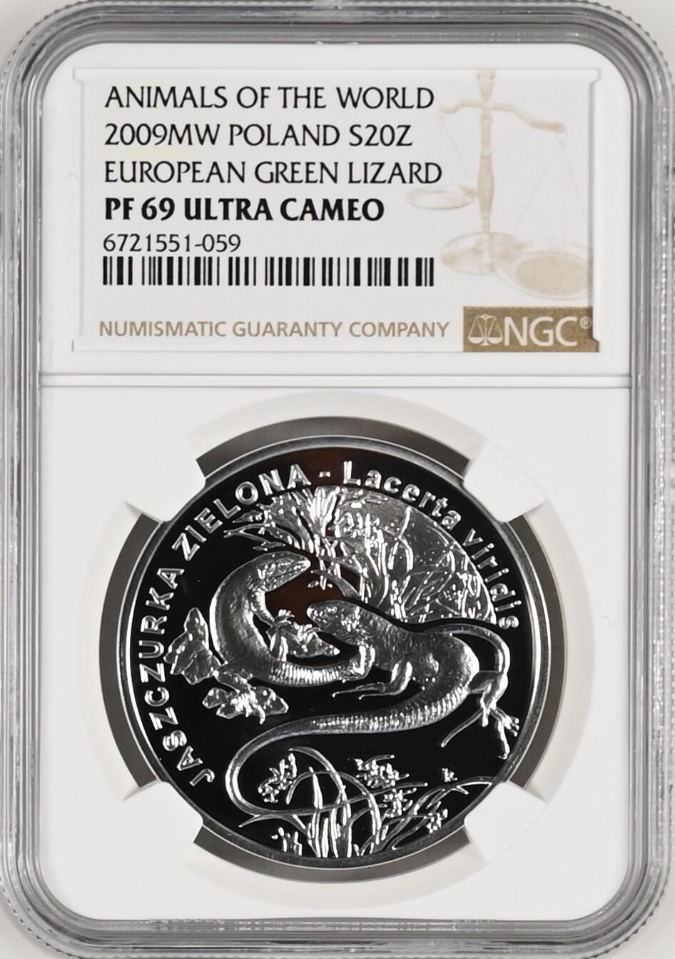 长老汇龙年精选第九场拍卖 2009MW波兰世界动物之欧洲绿蜥 20兹罗提精制银币，NGC PF69UC