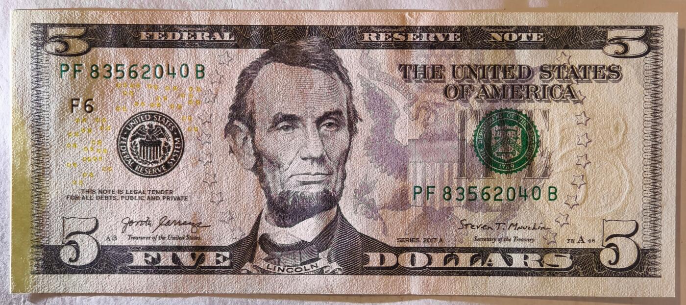 紫瑗钱币——第385期——纸币场 美国 2017年 F版 A序列 亚伯拉罕·林肯 5美元 彩色版 UNC