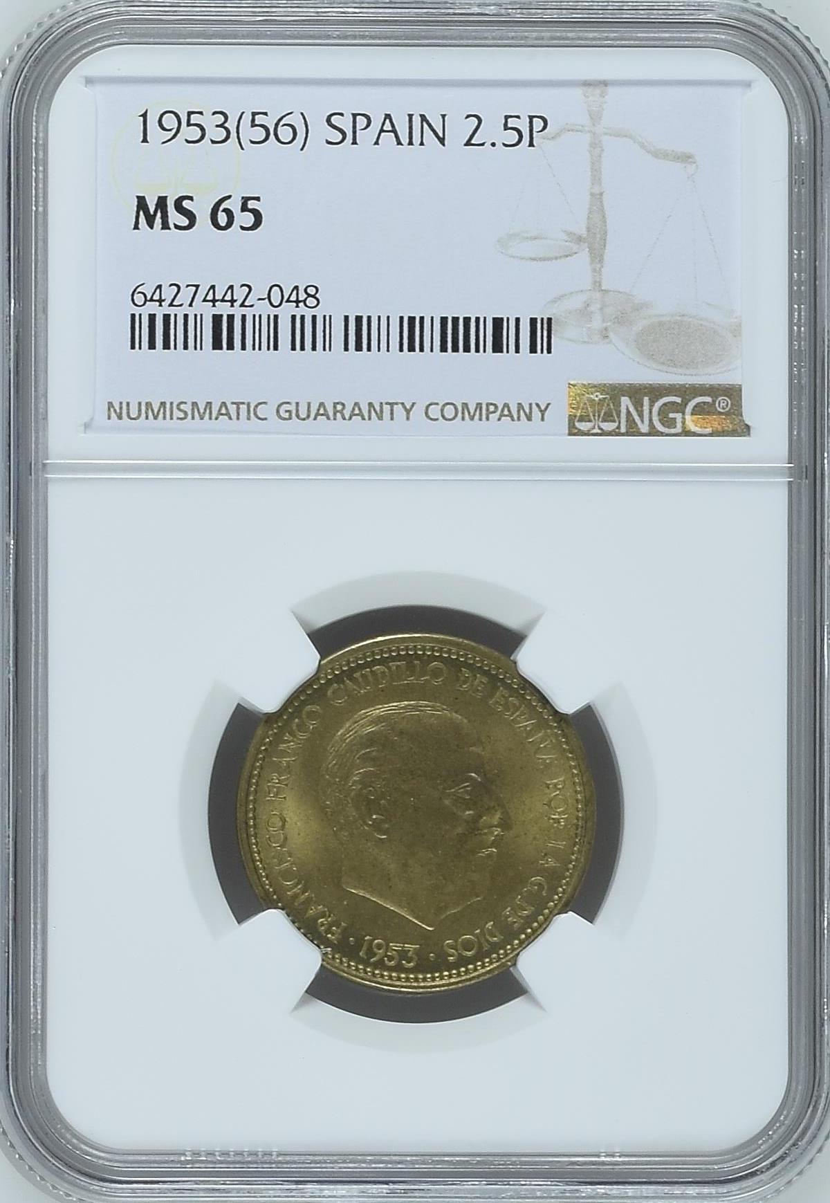 长老汇龙年精选第十场拍卖 1953(56) 西班牙弗朗哥2.5比塞塔铝铜币，NGC MS65，季军分，更高14枚