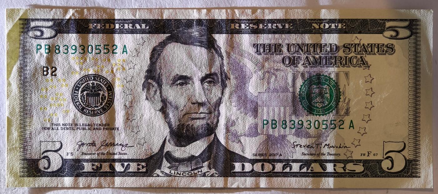 紫瑗钱币——第385期——纸币场 美国 2017年 B版 A序列 亚伯拉罕·林肯 5美元 彩色版 AU