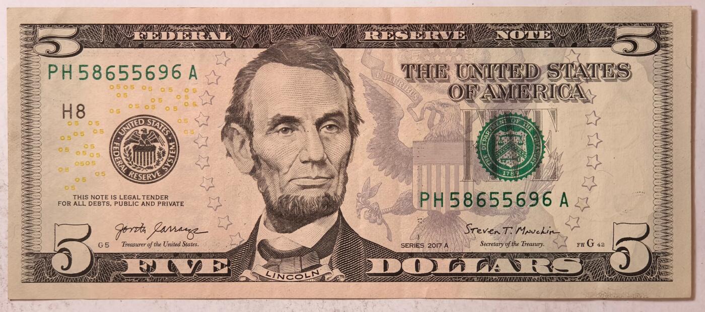 紫瑗钱币——第387期拍卖——纸币场 美国 2017年 H版 A序列 亚伯拉罕·林肯 5美元 彩色版 流通品