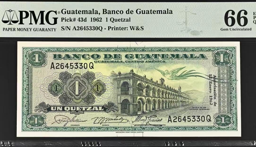 收藏联盟Quantum Auction 第362期拍卖  危地马拉1962年1奎兹尔 PMG66 德纳罗作品